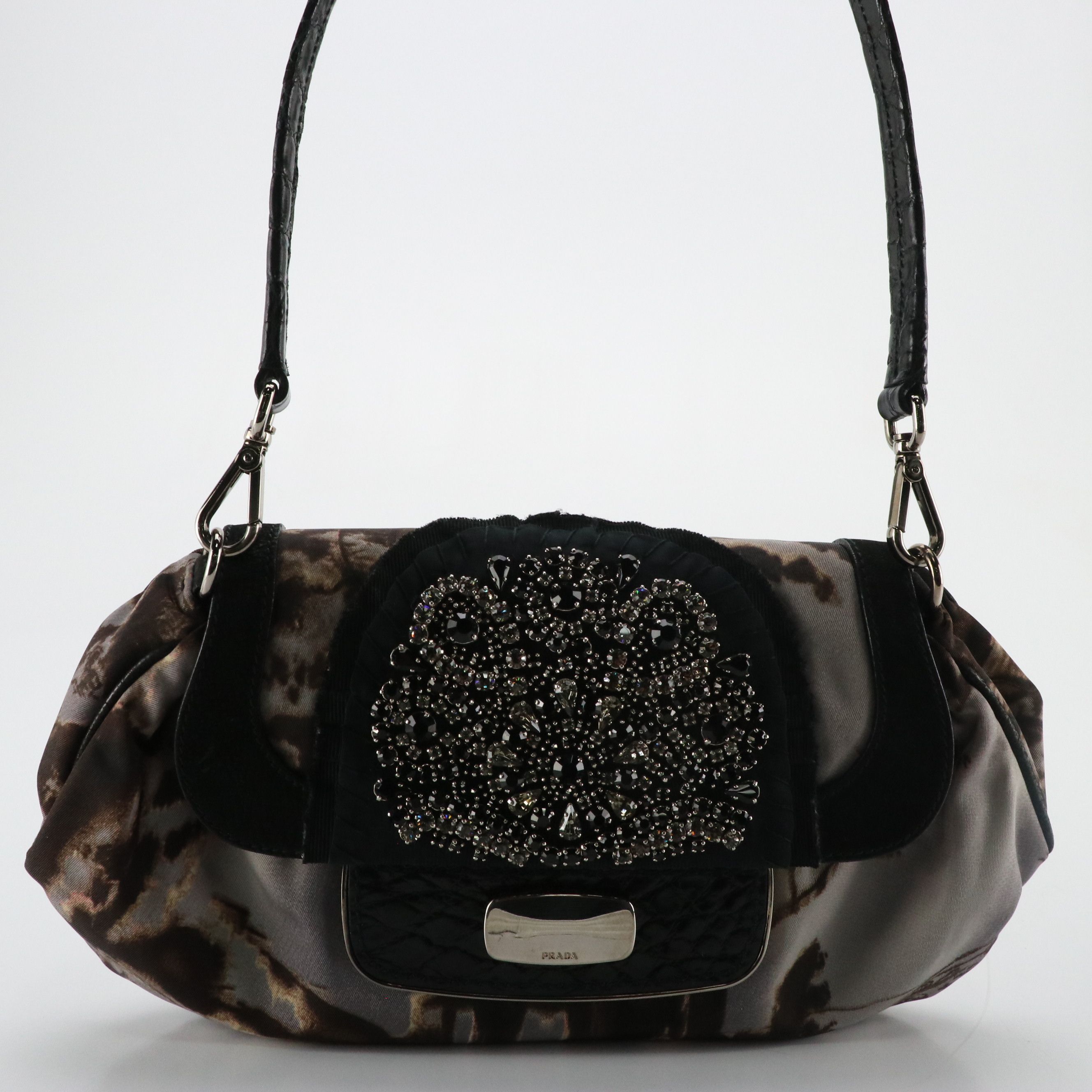 Prada Embellished Skipper Shoulder Bag in New York Street Templi Tessuto Nylon