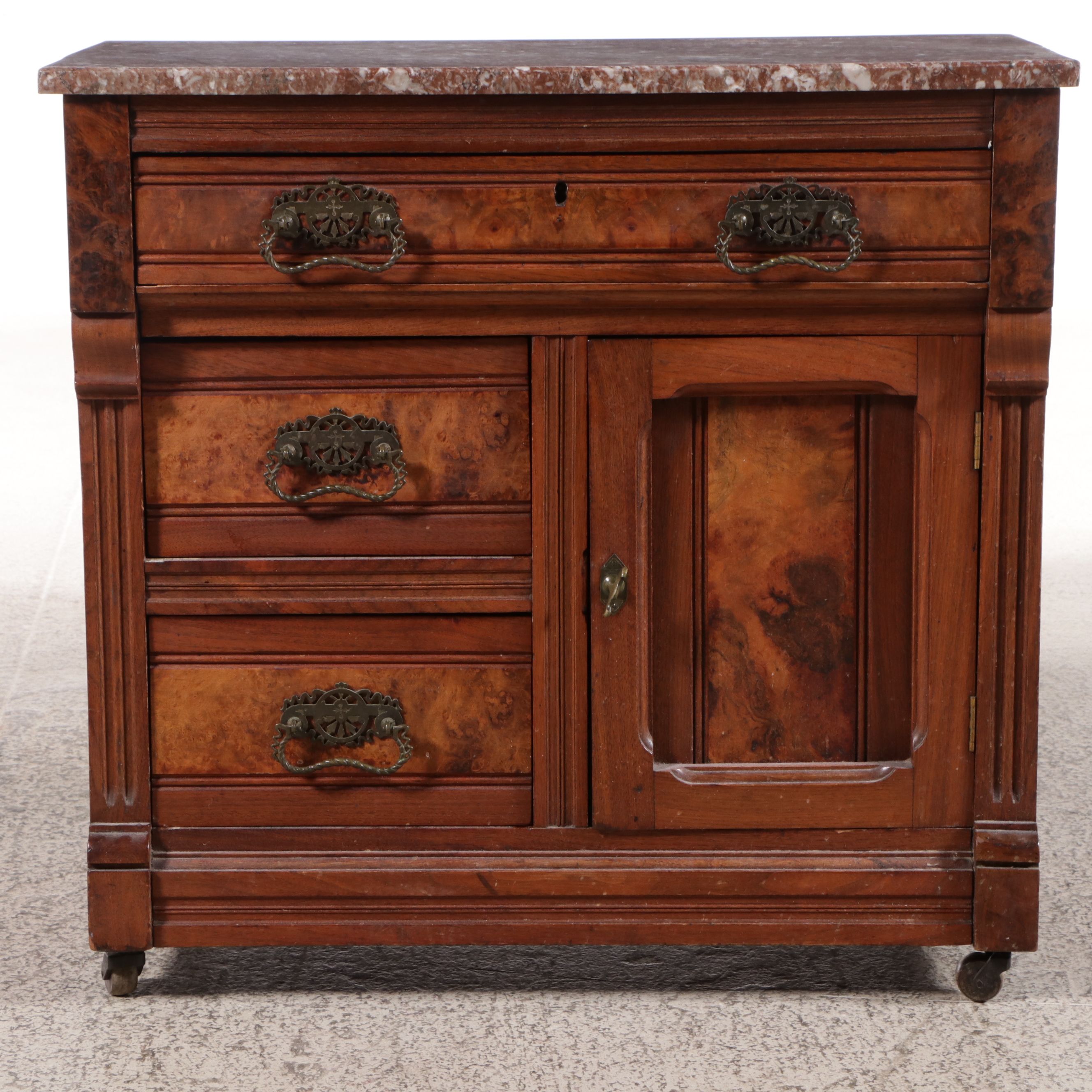 Victorian Walnut and Burl Walnut Marble-Top Washstand Commode
