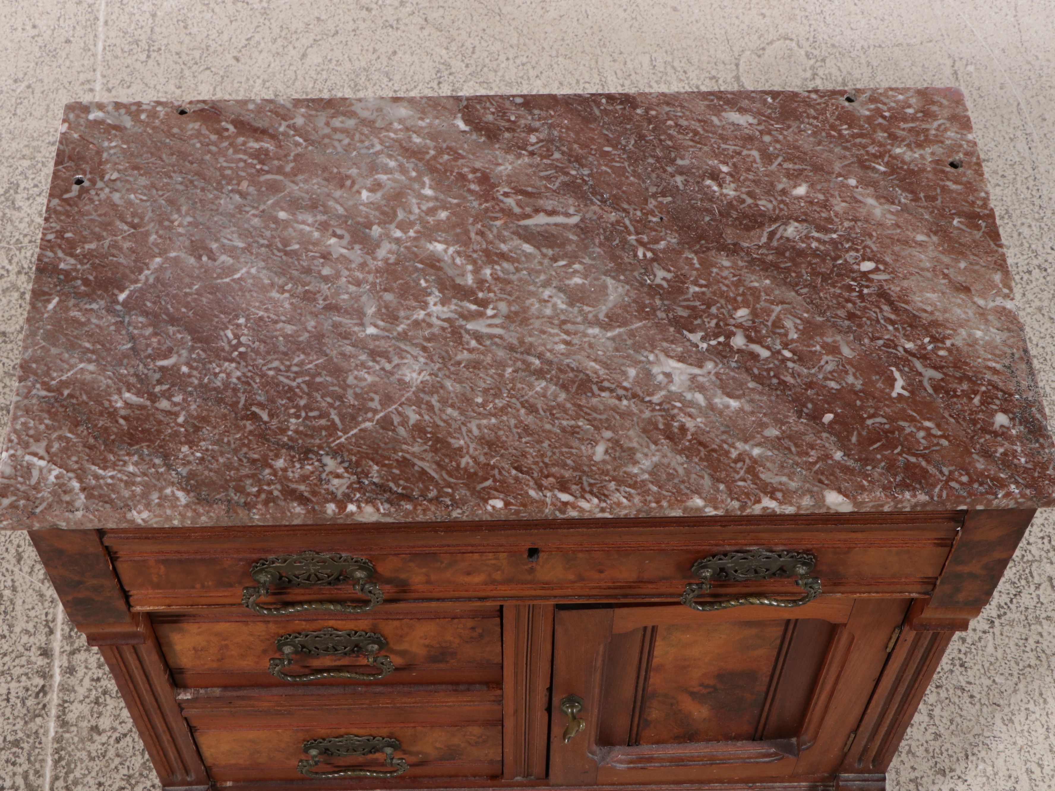 Victorian Walnut and Burl Walnut Marble-Top Washstand Commode
