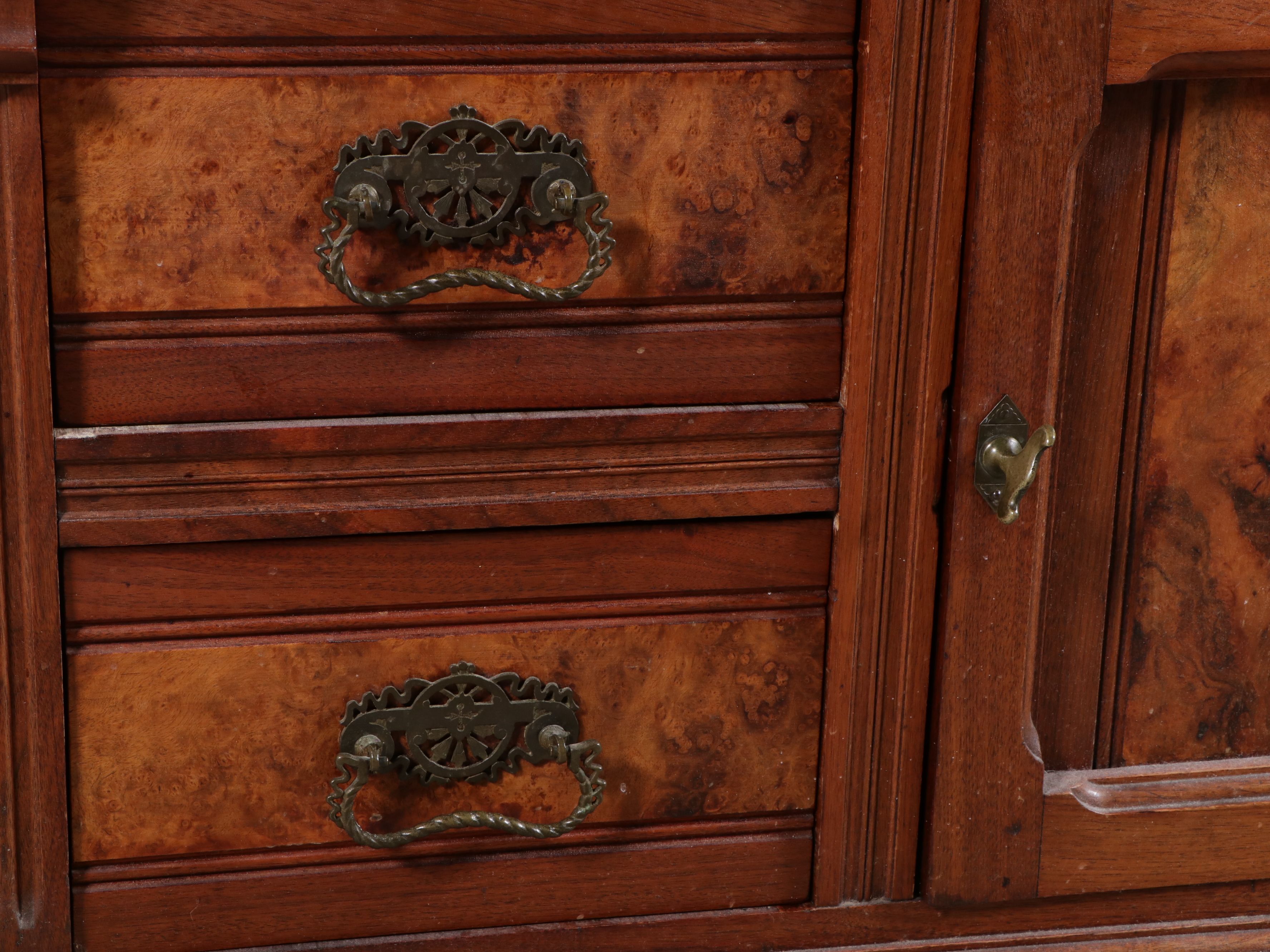 Victorian Walnut and Burl Walnut Marble-Top Washstand Commode