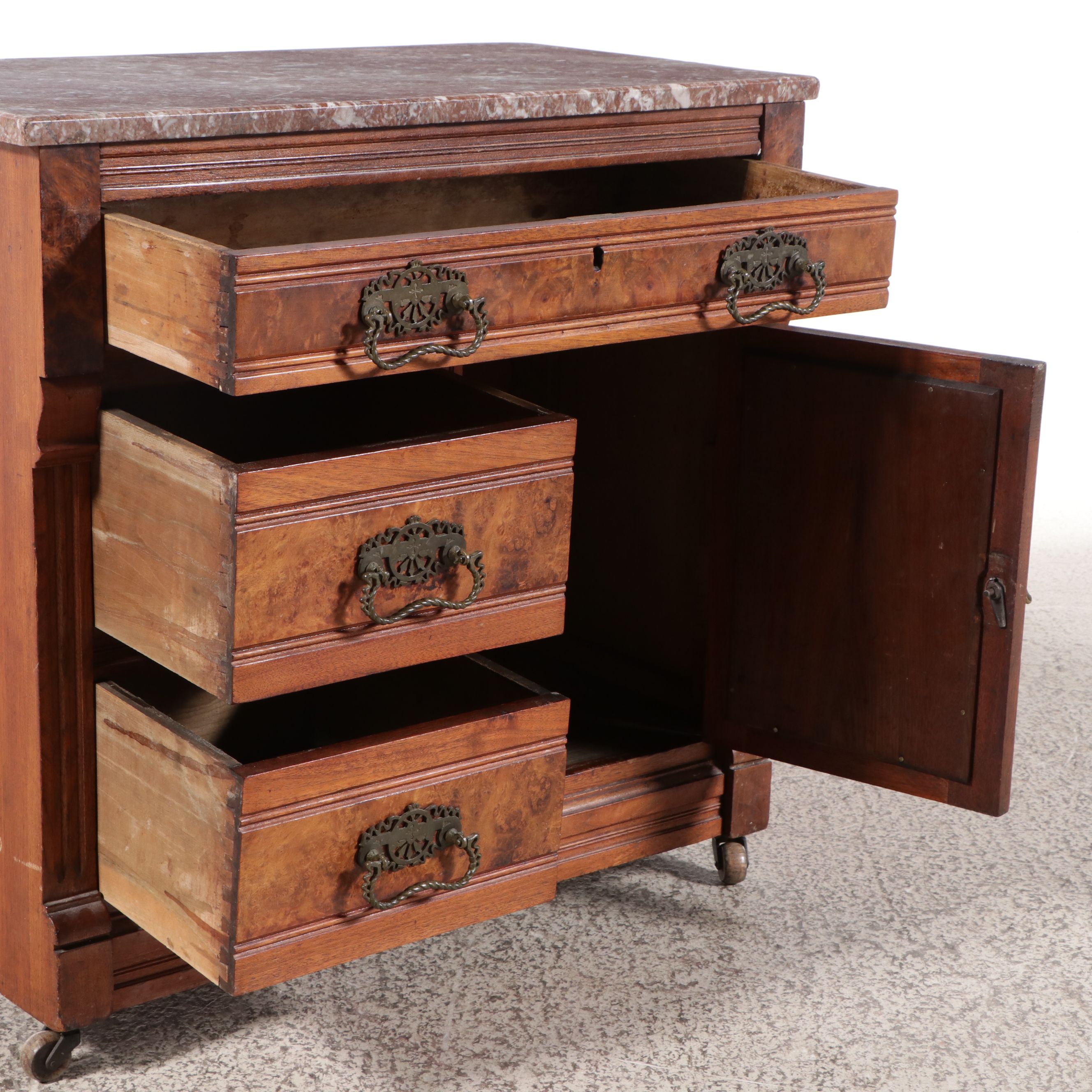 Victorian Walnut and Burl Walnut Marble-Top Washstand Commode