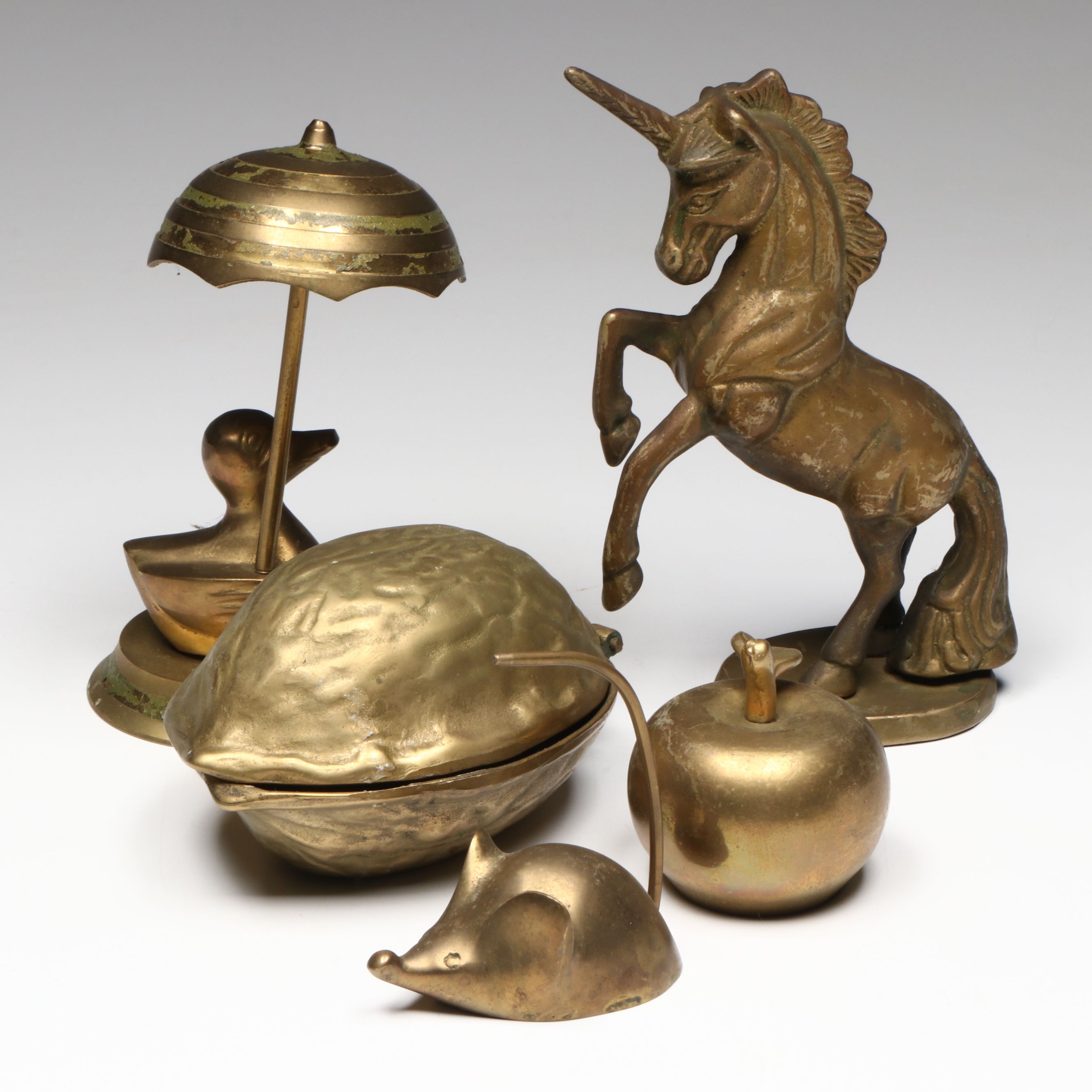 Walnut-Shaped Nutcracker with Other Brass Figures, Mid to Late 20th Century