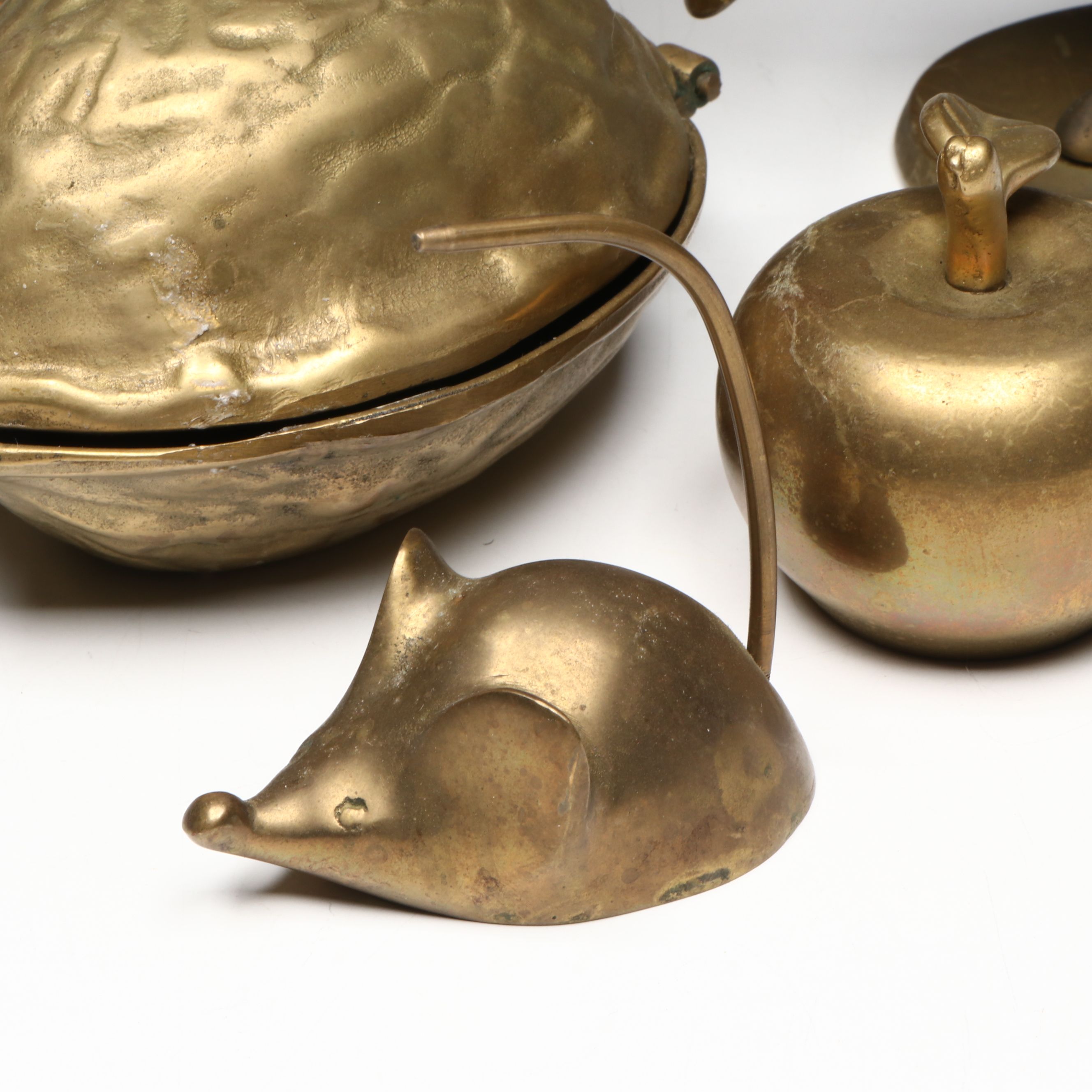 Walnut-Shaped Nutcracker with Other Brass Figures, Mid to Late 20th Century