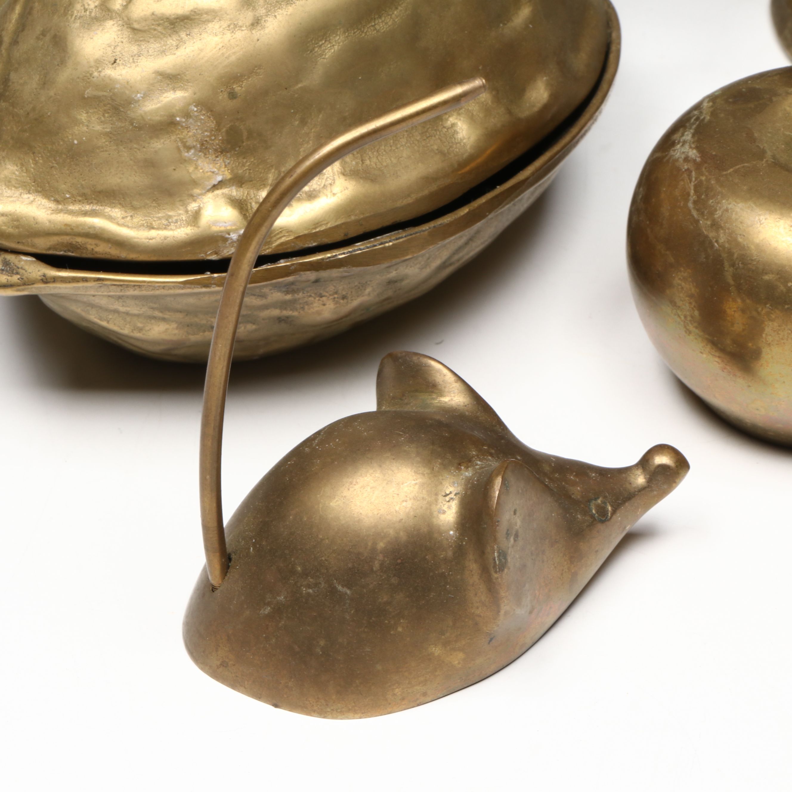 Walnut-Shaped Nutcracker with Other Brass Figures, Mid to Late 20th Century