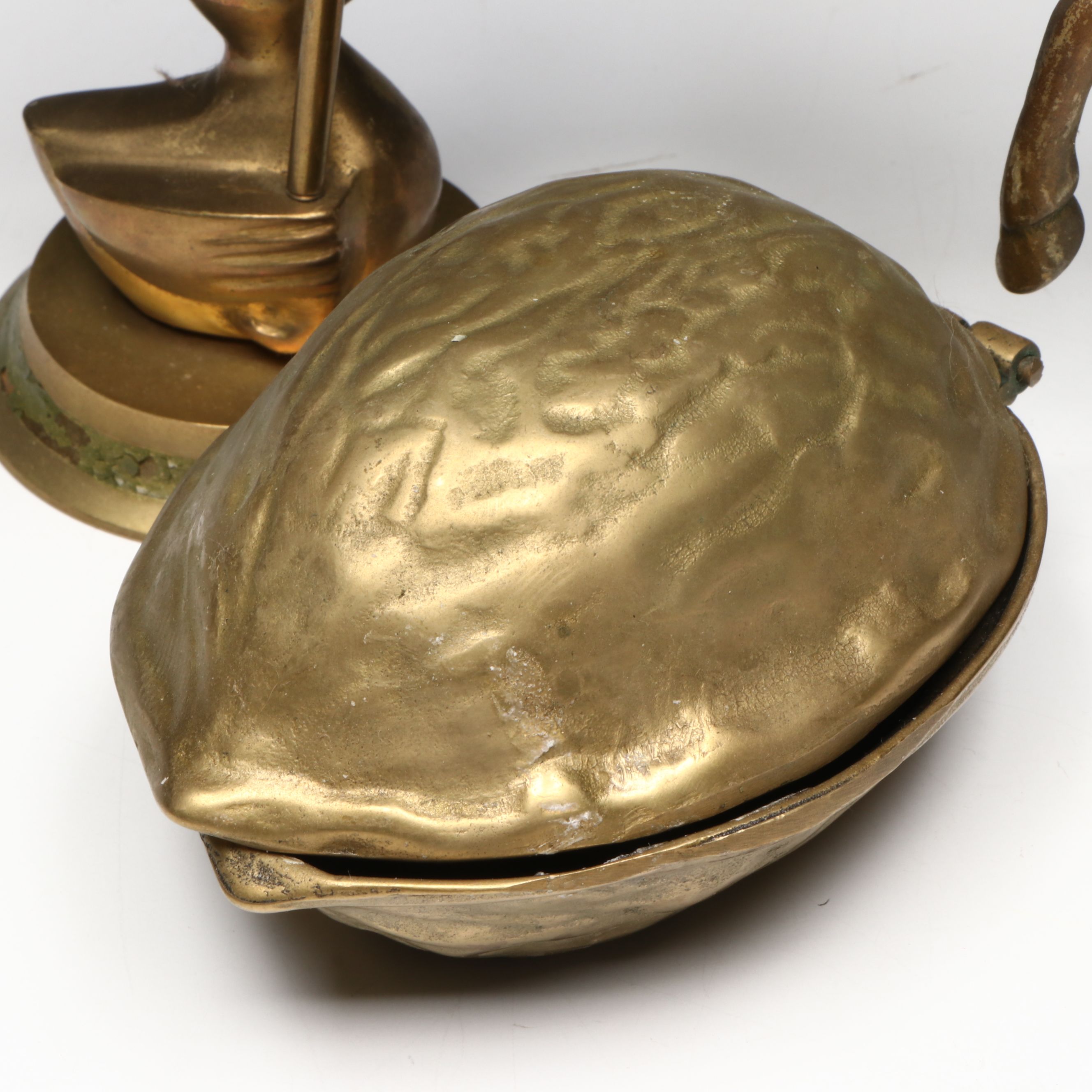 Walnut-Shaped Nutcracker with Other Brass Figures, Mid to Late 20th Century