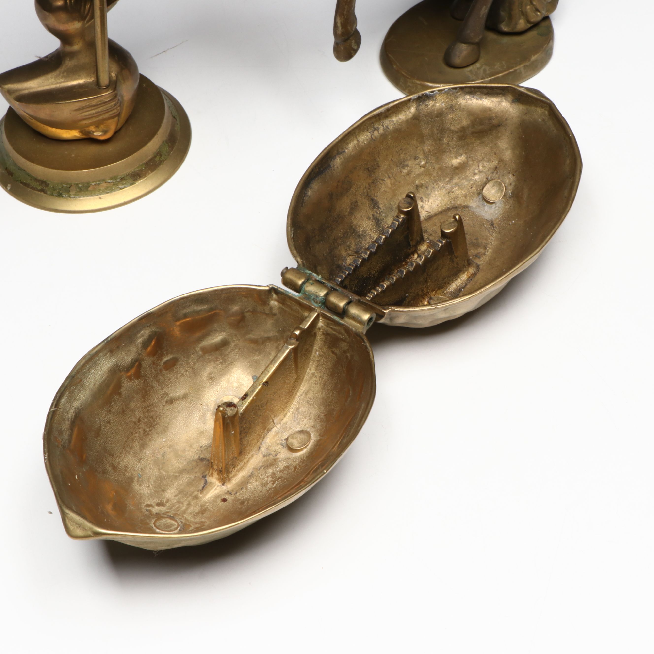 Walnut-Shaped Nutcracker with Other Brass Figures, Mid to Late 20th Century