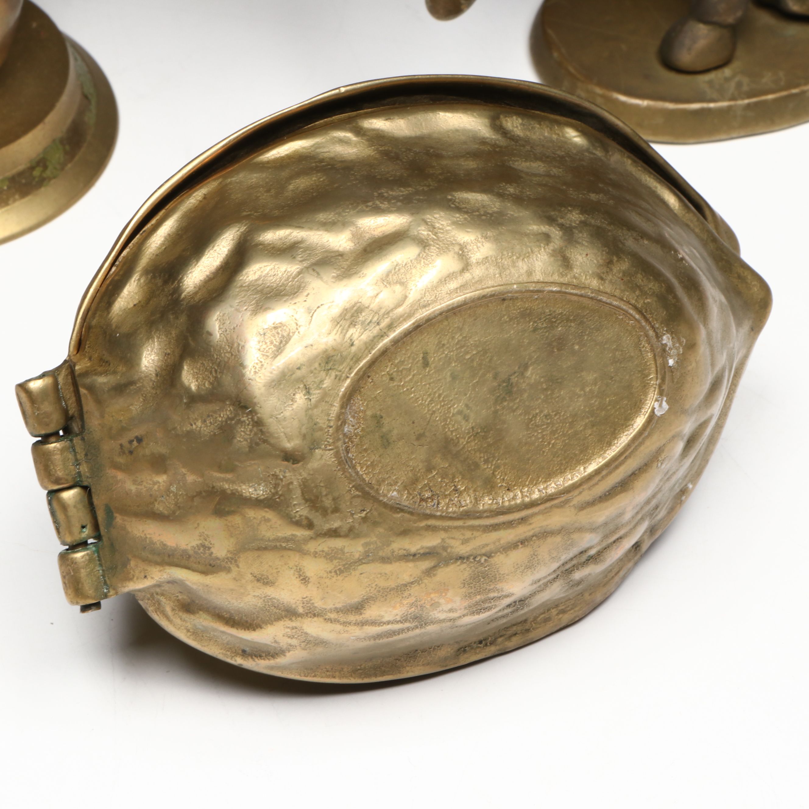 Walnut-Shaped Nutcracker with Other Brass Figures, Mid to Late 20th Century