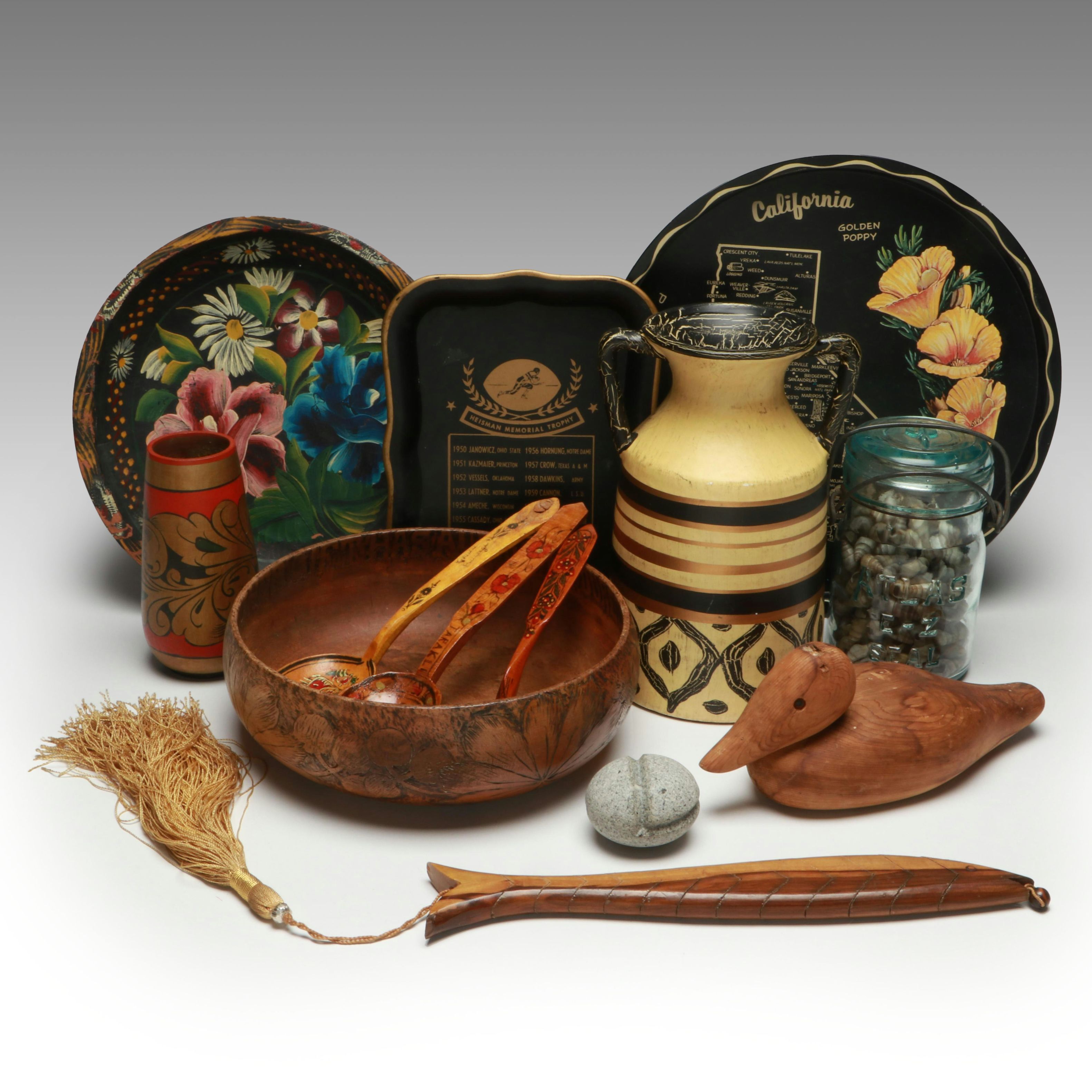 Russian Folk Art Painted Wood Vase and Spoons with Other Vintage Table Décor