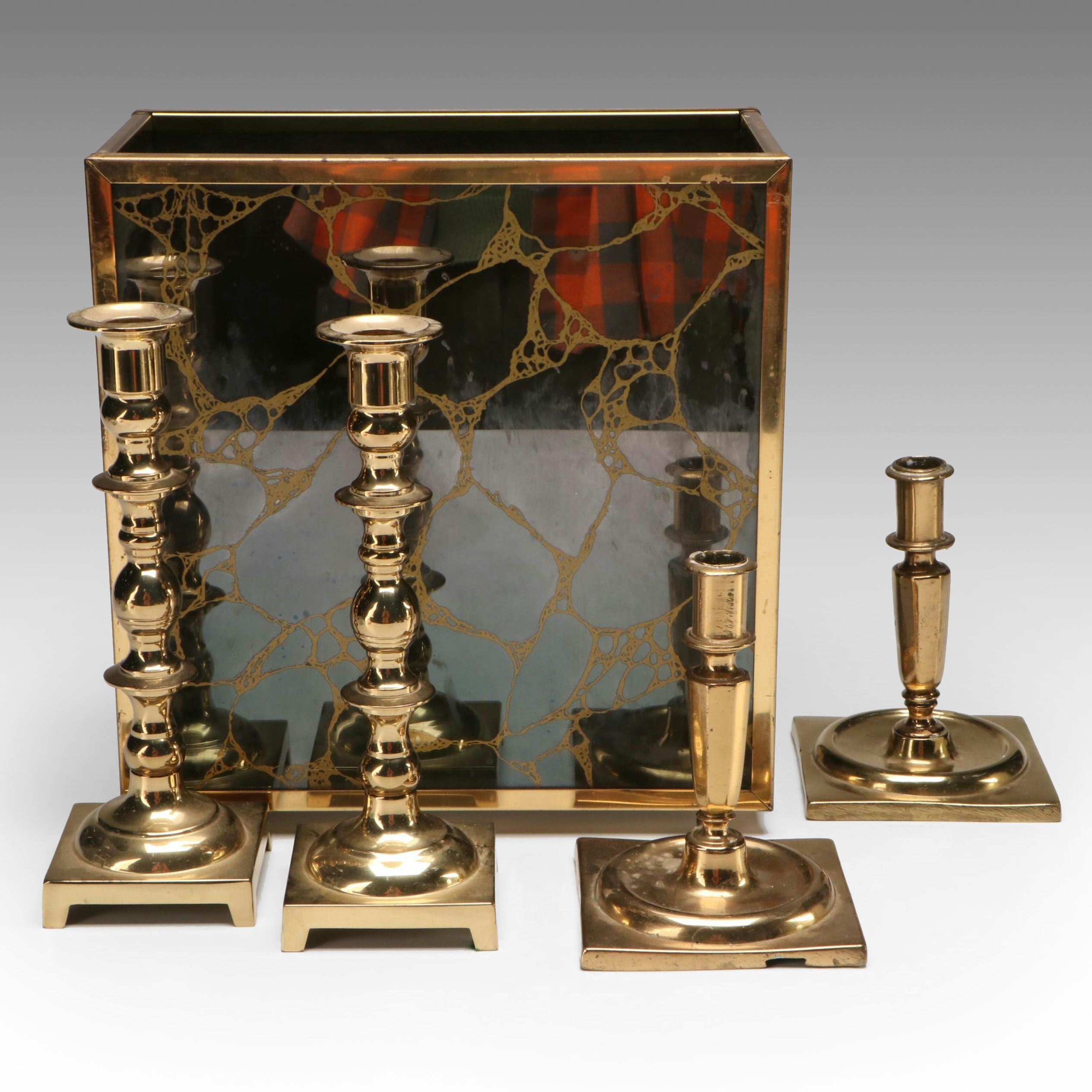 Hollywood Regency Style Acrylic and Brass Bin with Other Brass Candlesticks
