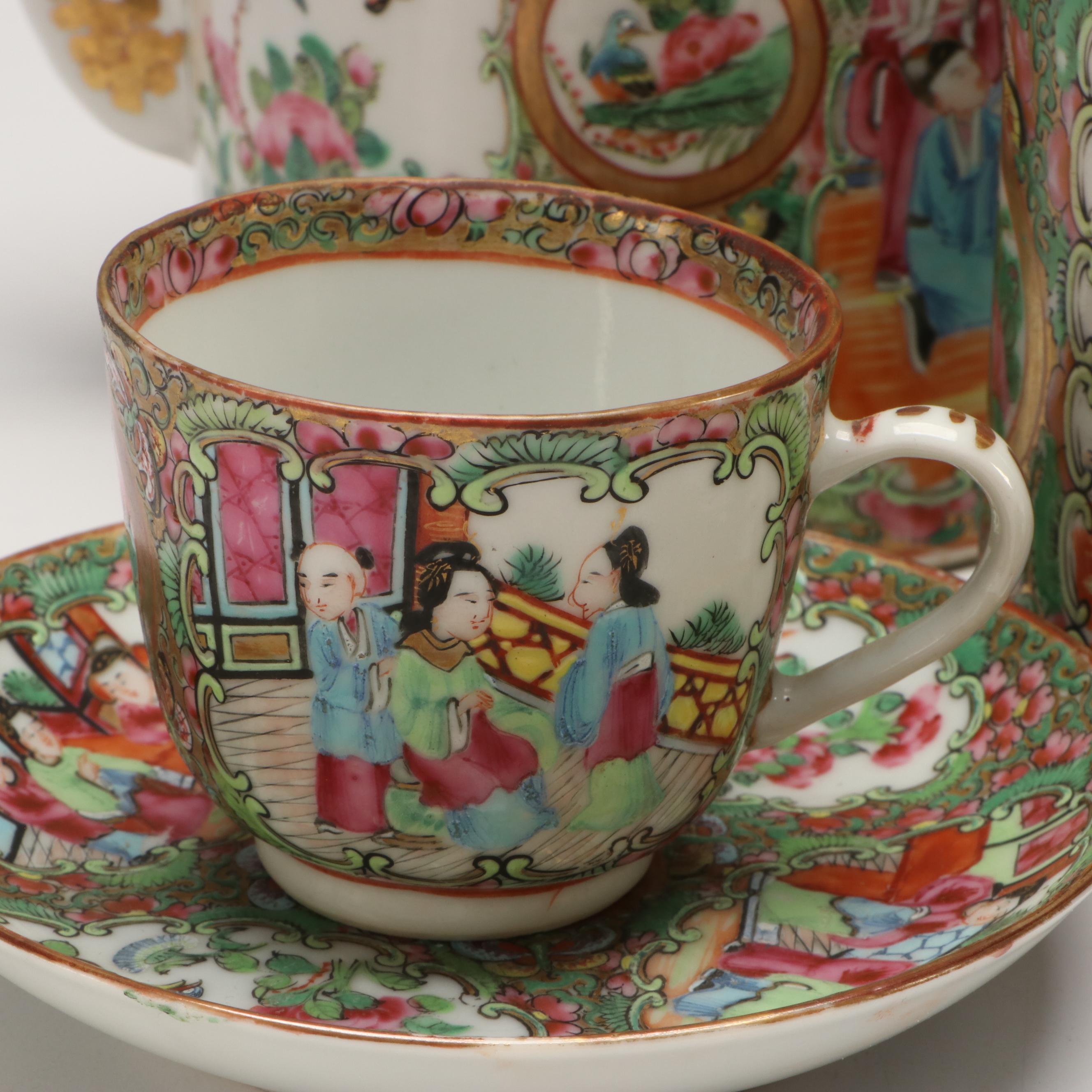 Chinese Rose Medallion Porcelain Teapot and Pitcher with Cups and Saucers