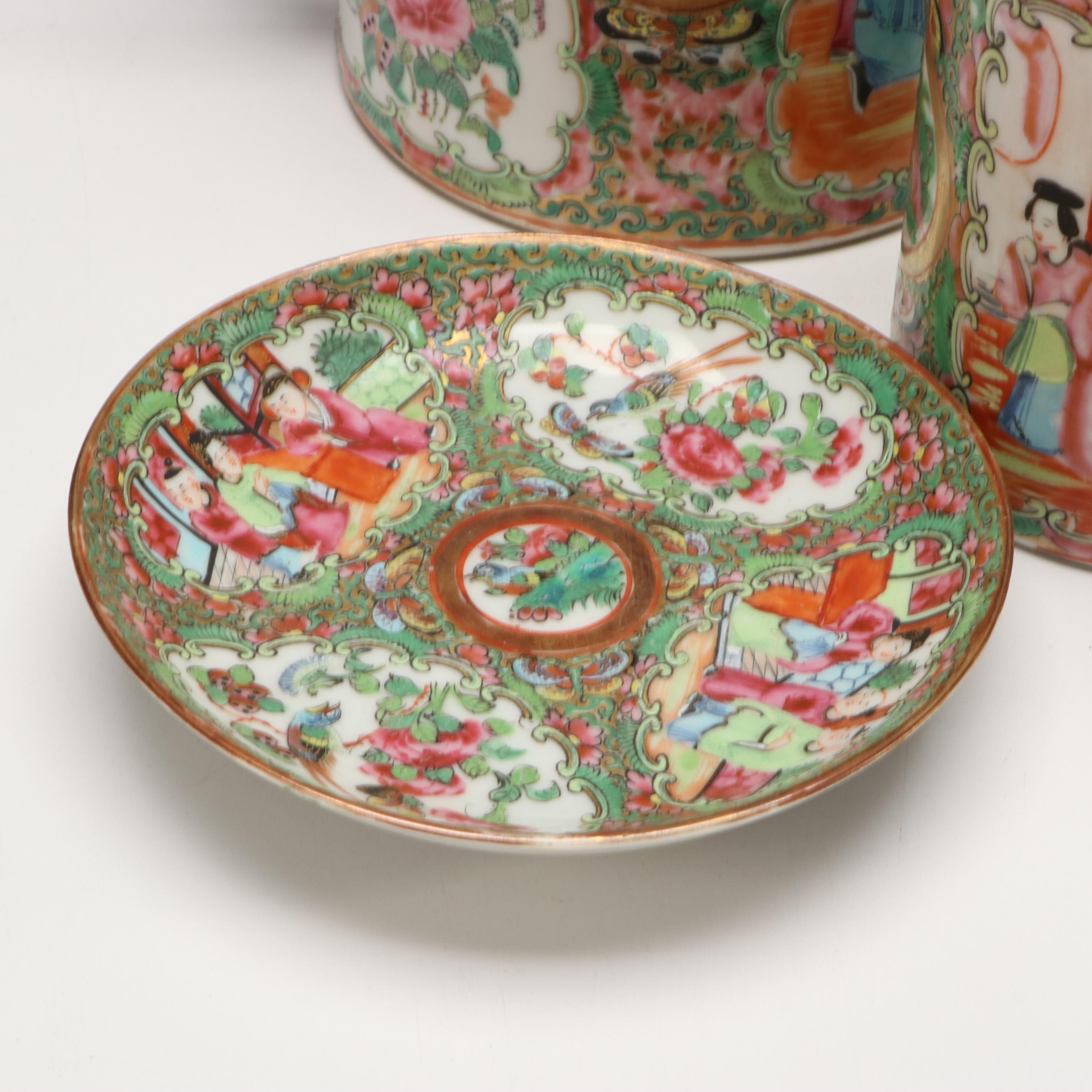 Chinese Rose Medallion Porcelain Teapot and Pitcher with Cups and Saucers