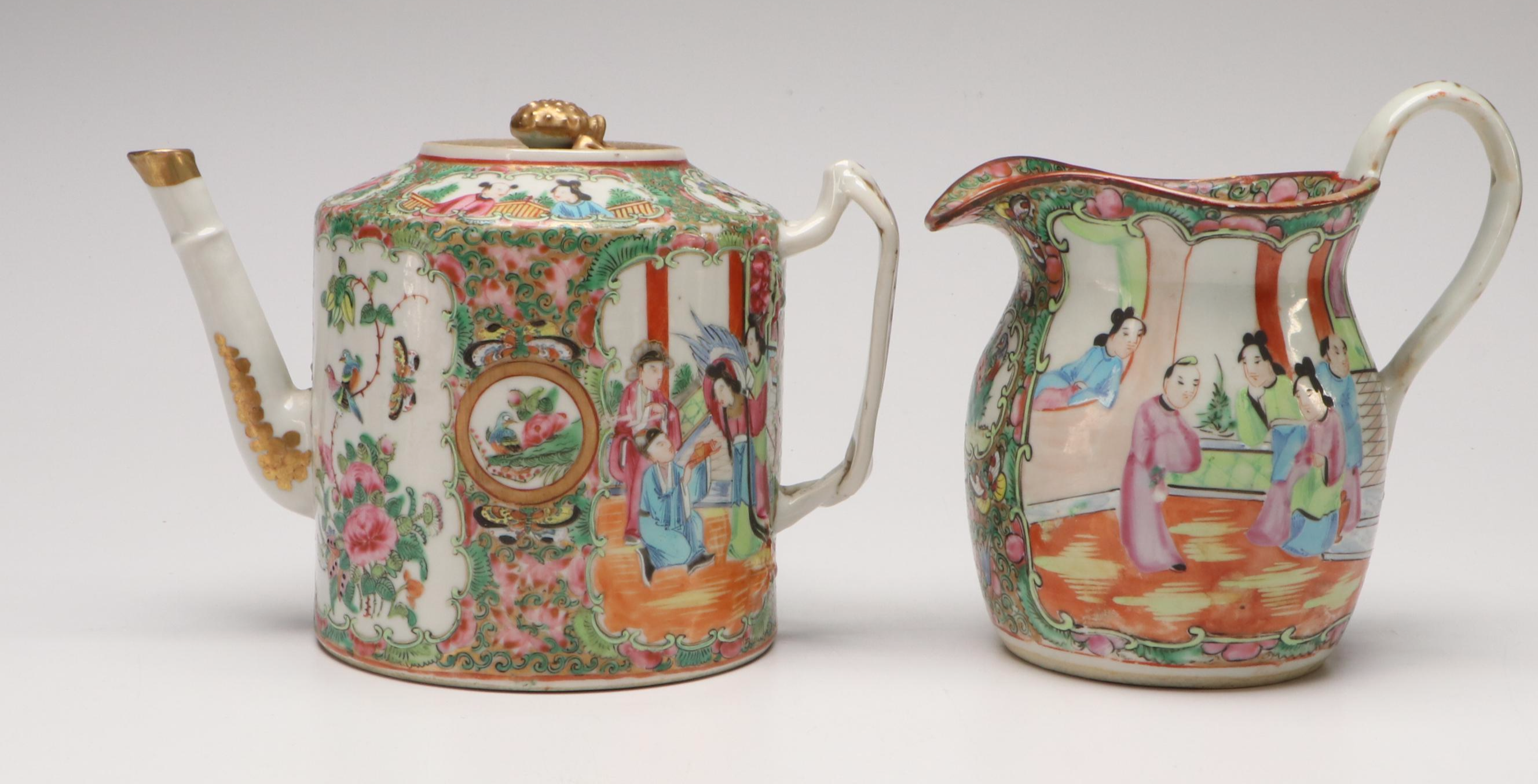 Chinese Rose Medallion Porcelain Teapot and Pitcher with Cups and Saucers