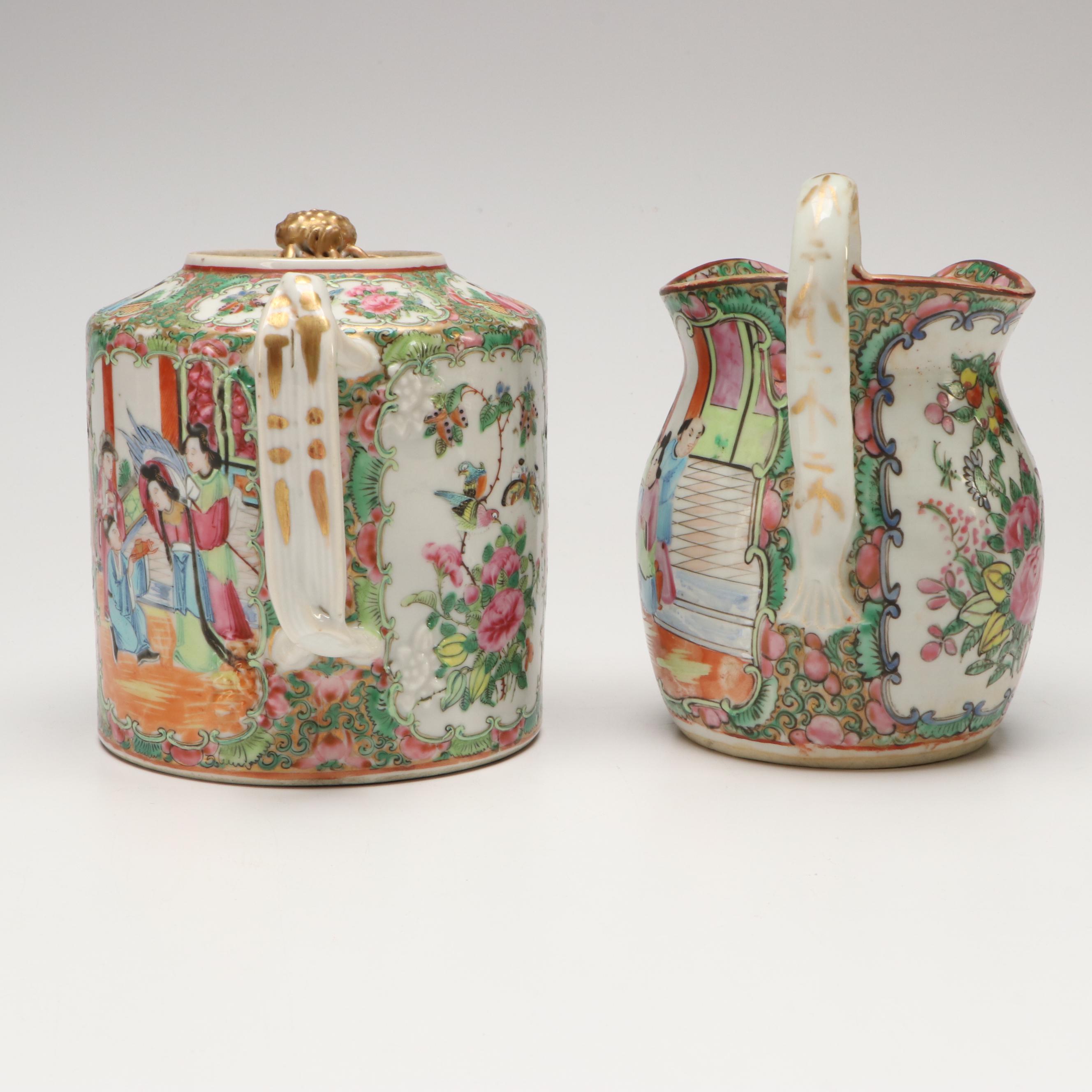 Chinese Rose Medallion Porcelain Teapot and Pitcher with Cups and Saucers