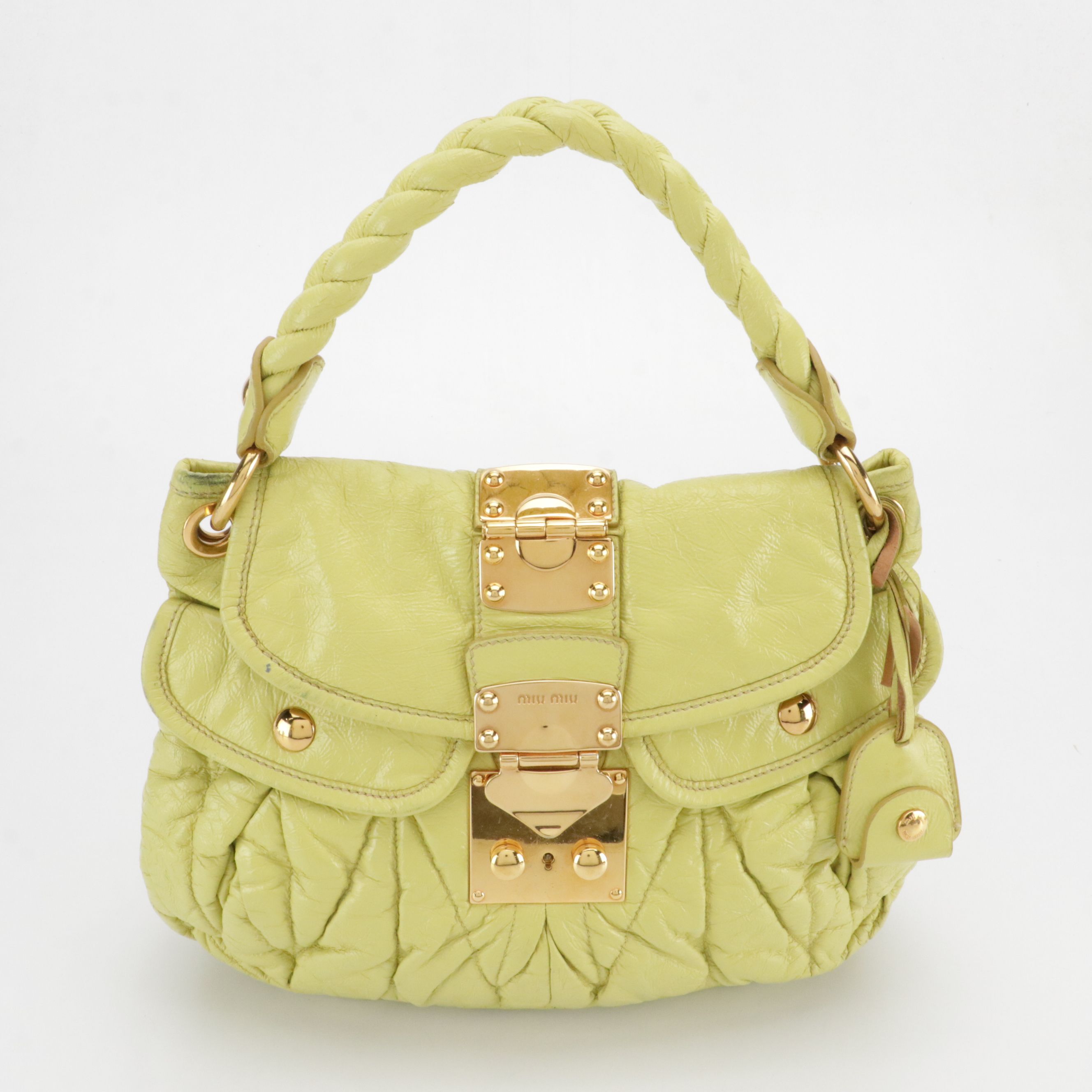 Miu Miu Matelassé Crinkled Leather Two-Way Bag with Braided Handle