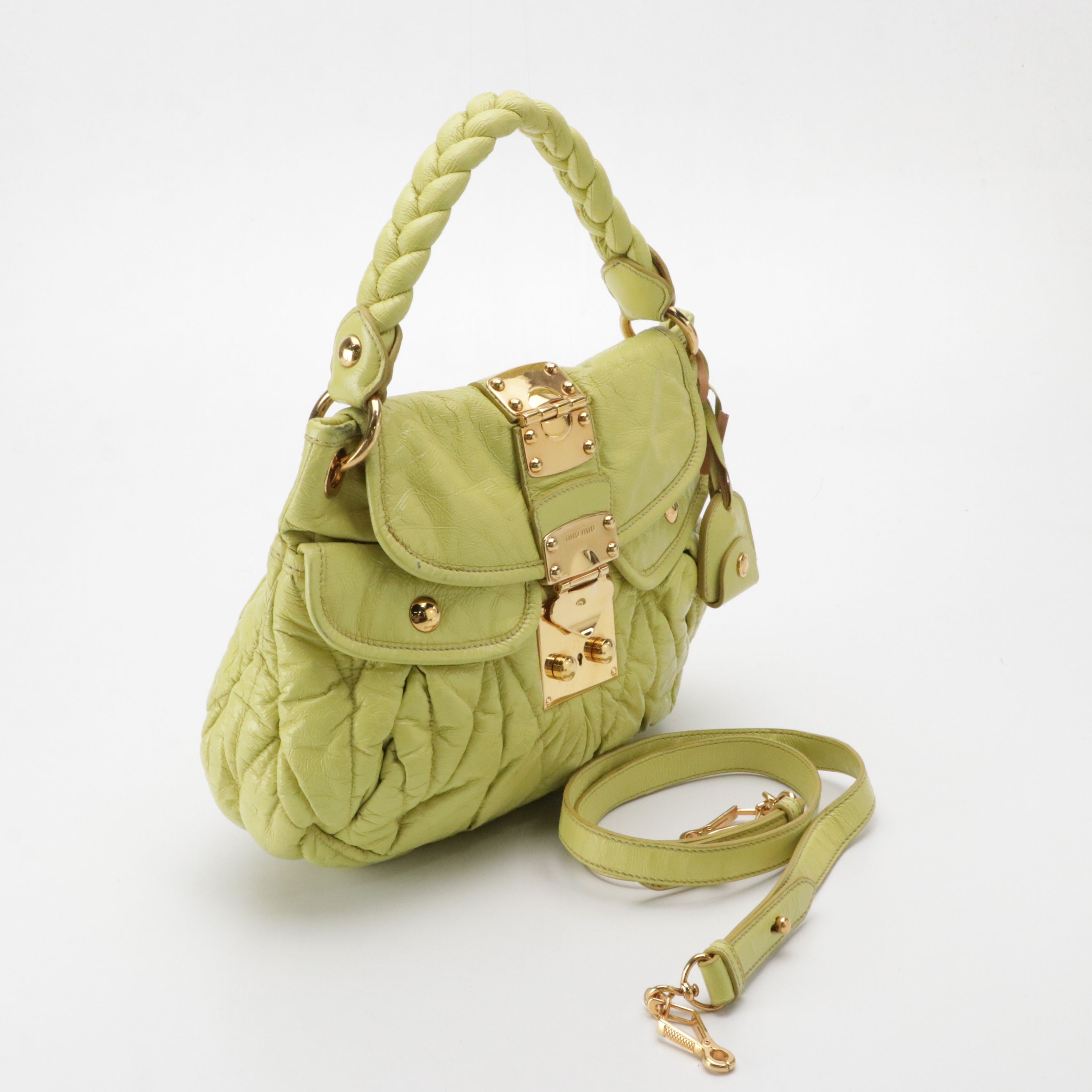 Miu Miu Matelassé Crinkled Leather Two-Way Bag with Braided Handle