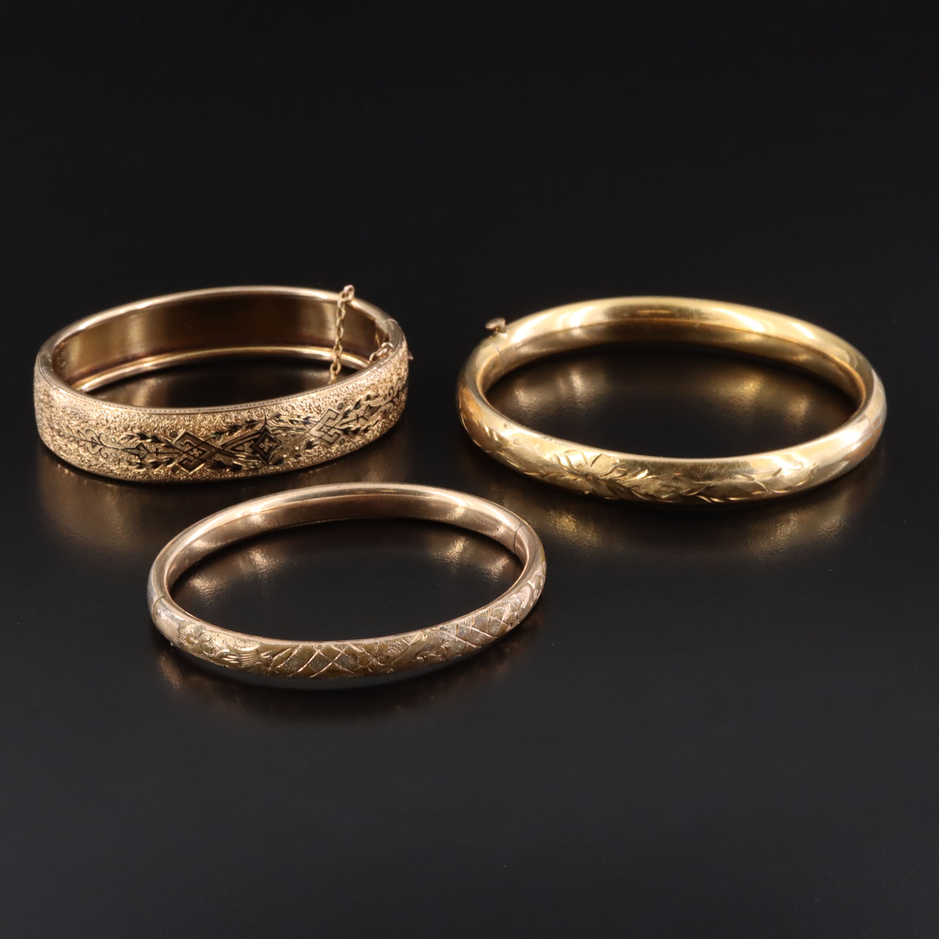 Victorian 14K Taille d’Epargné and Vintage Gold-Filled Hinged Bracelets