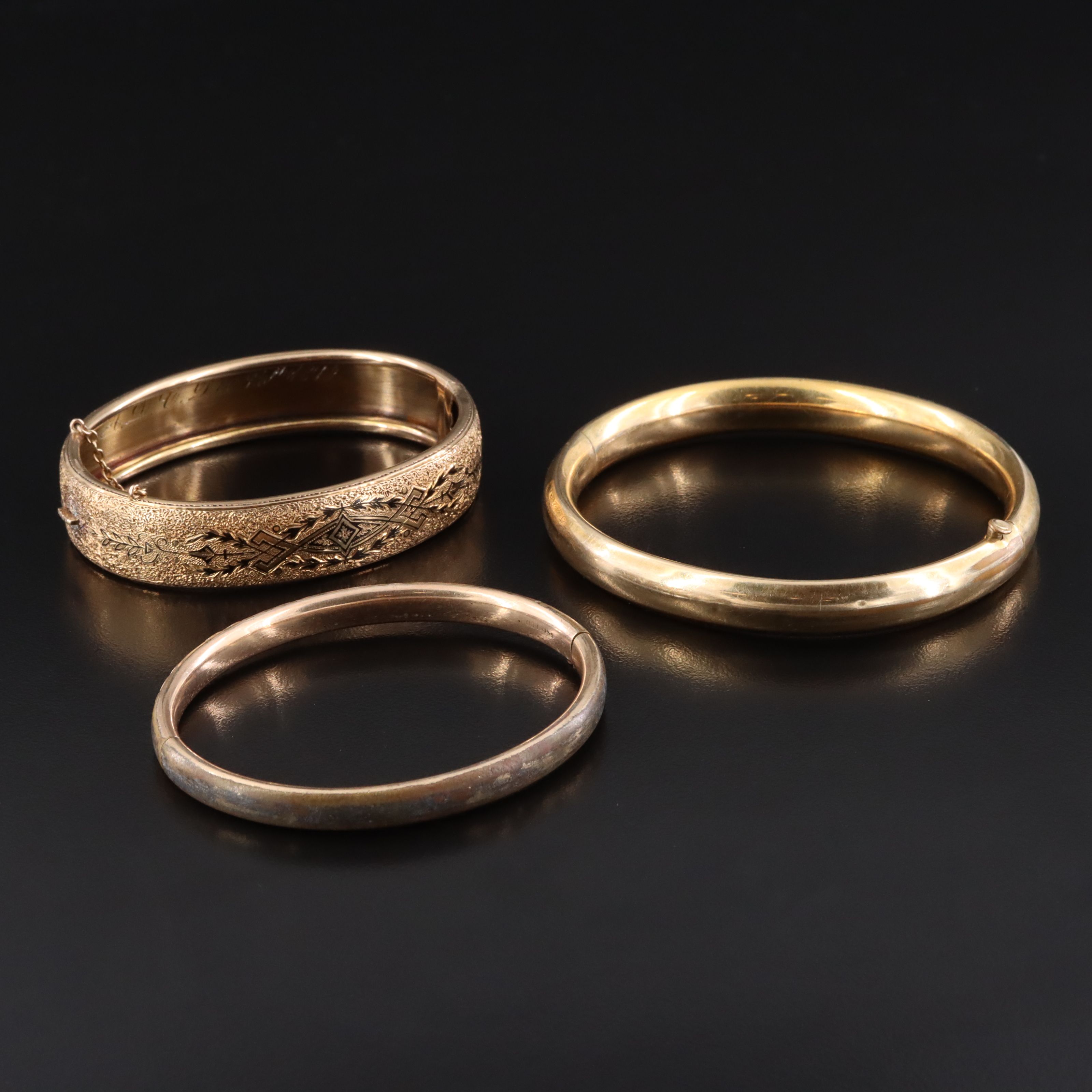 Victorian 14K Taille d’Epargné and Vintage Gold-Filled Hinged Bracelets