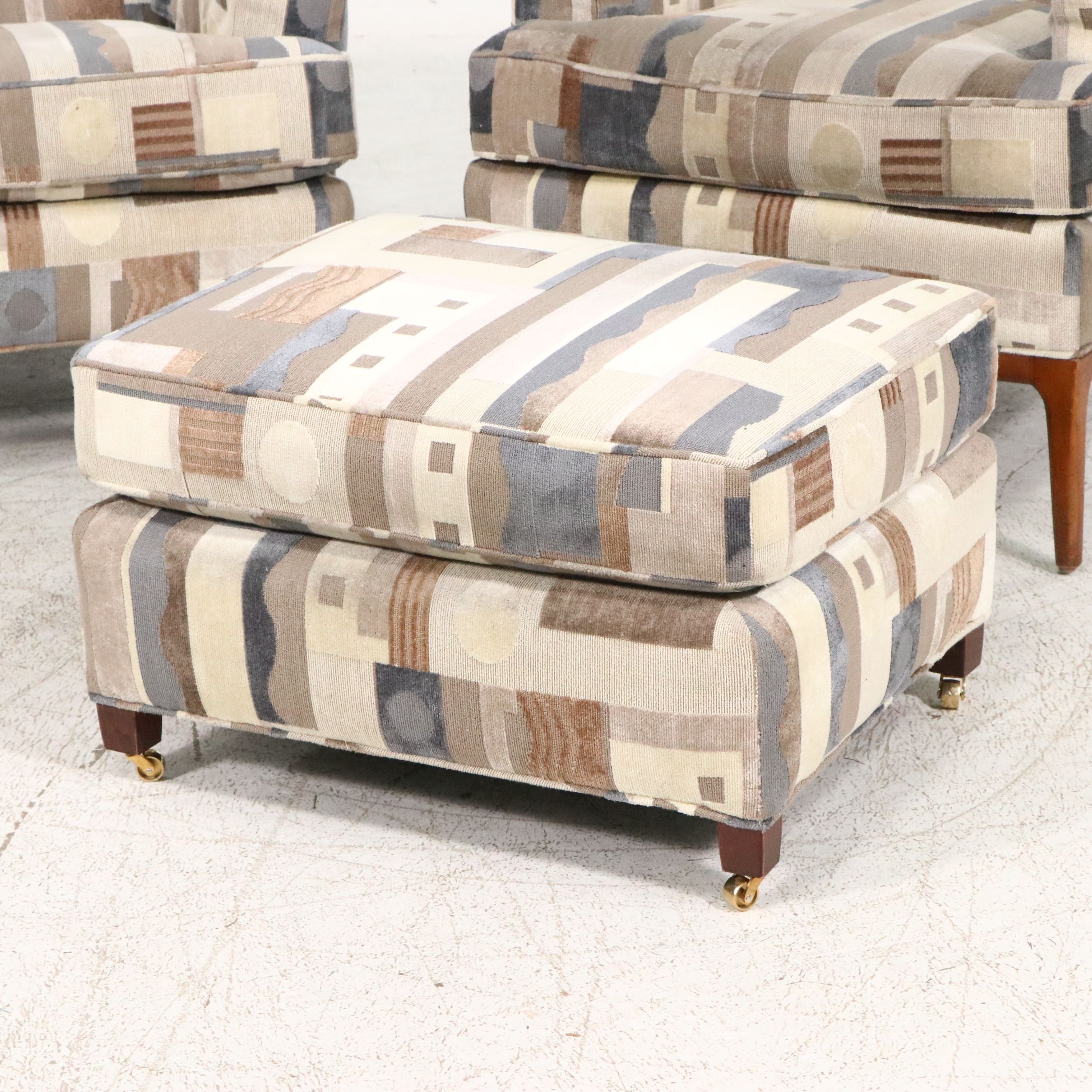 Pair of Upholstered Mid Century Modern Style Armchairs and Ottoman