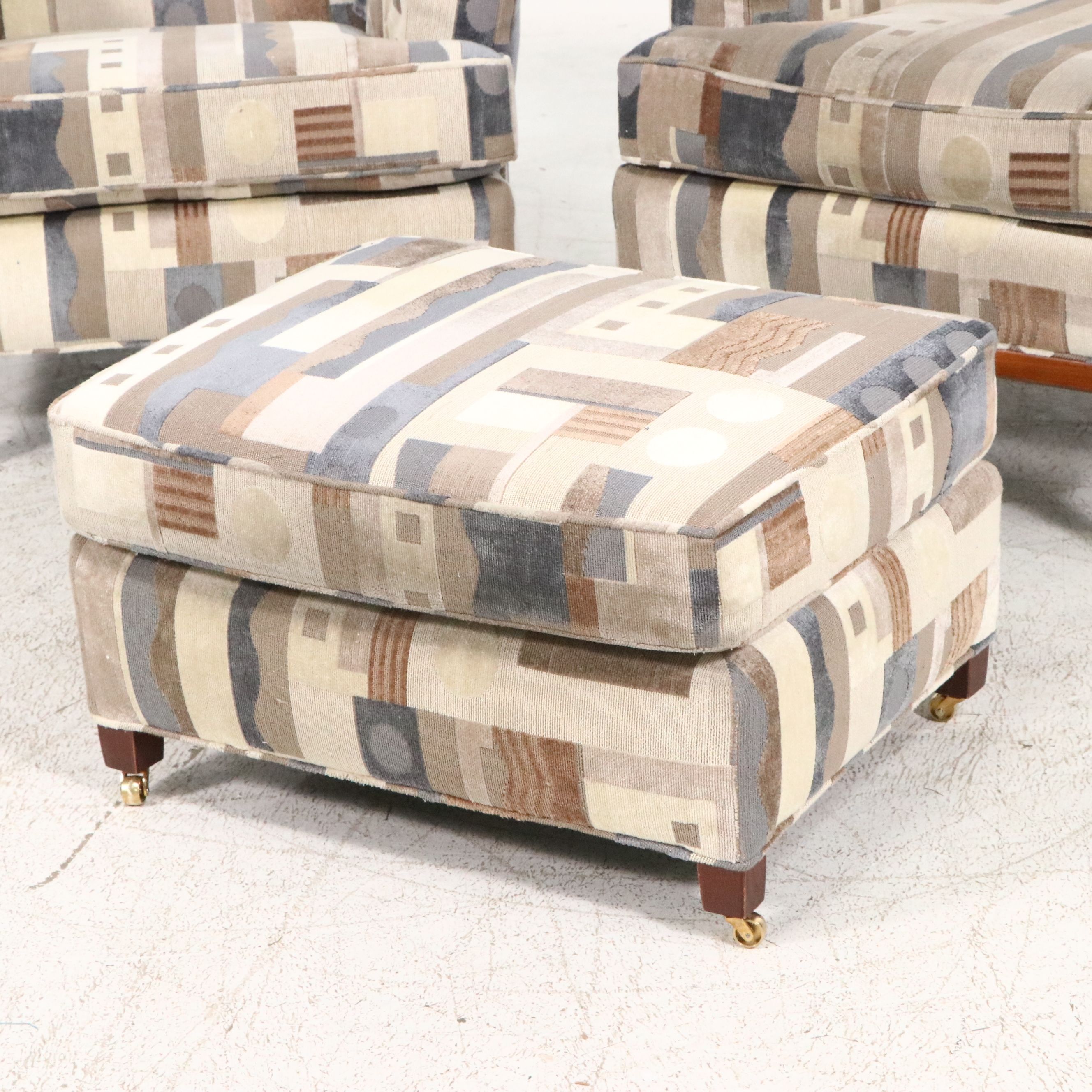 Pair of Upholstered Mid Century Modern Style Armchairs and Ottoman