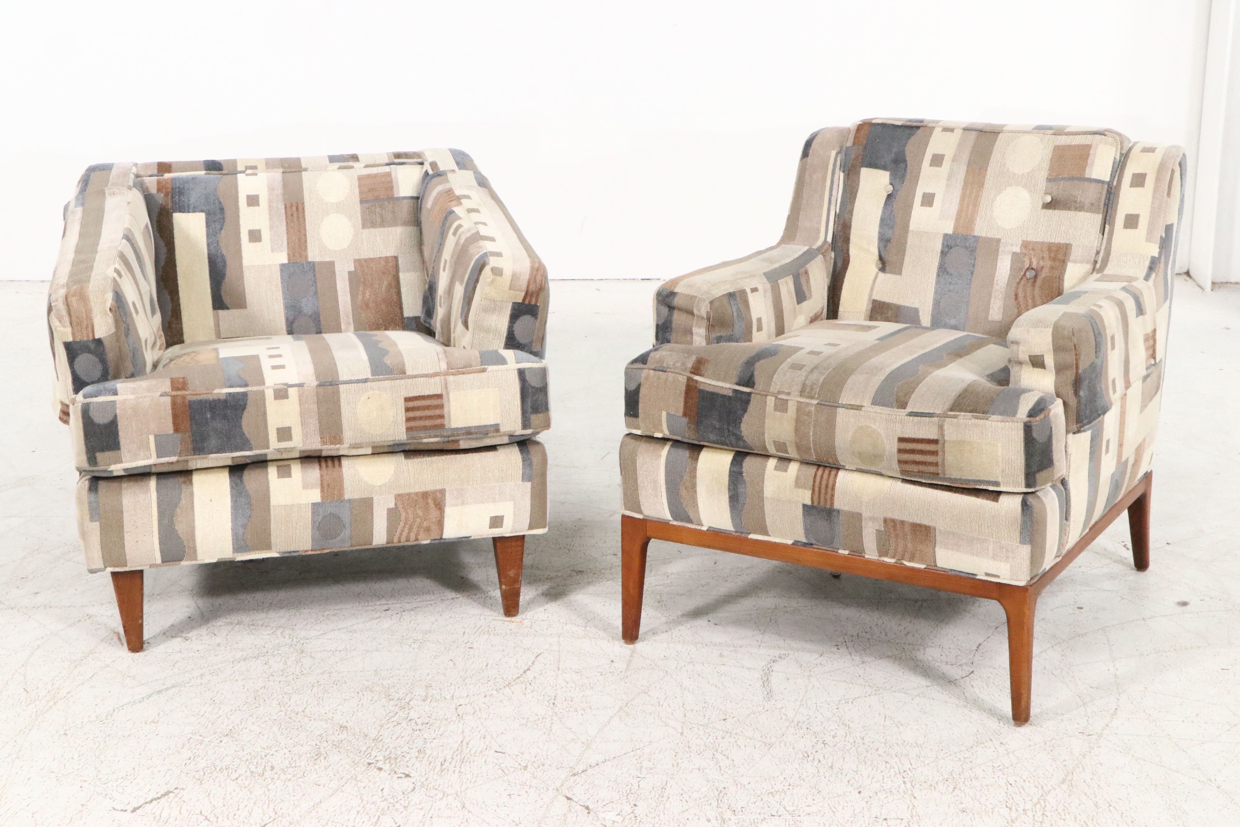 Pair of Upholstered Mid Century Modern Style Armchairs and Ottoman