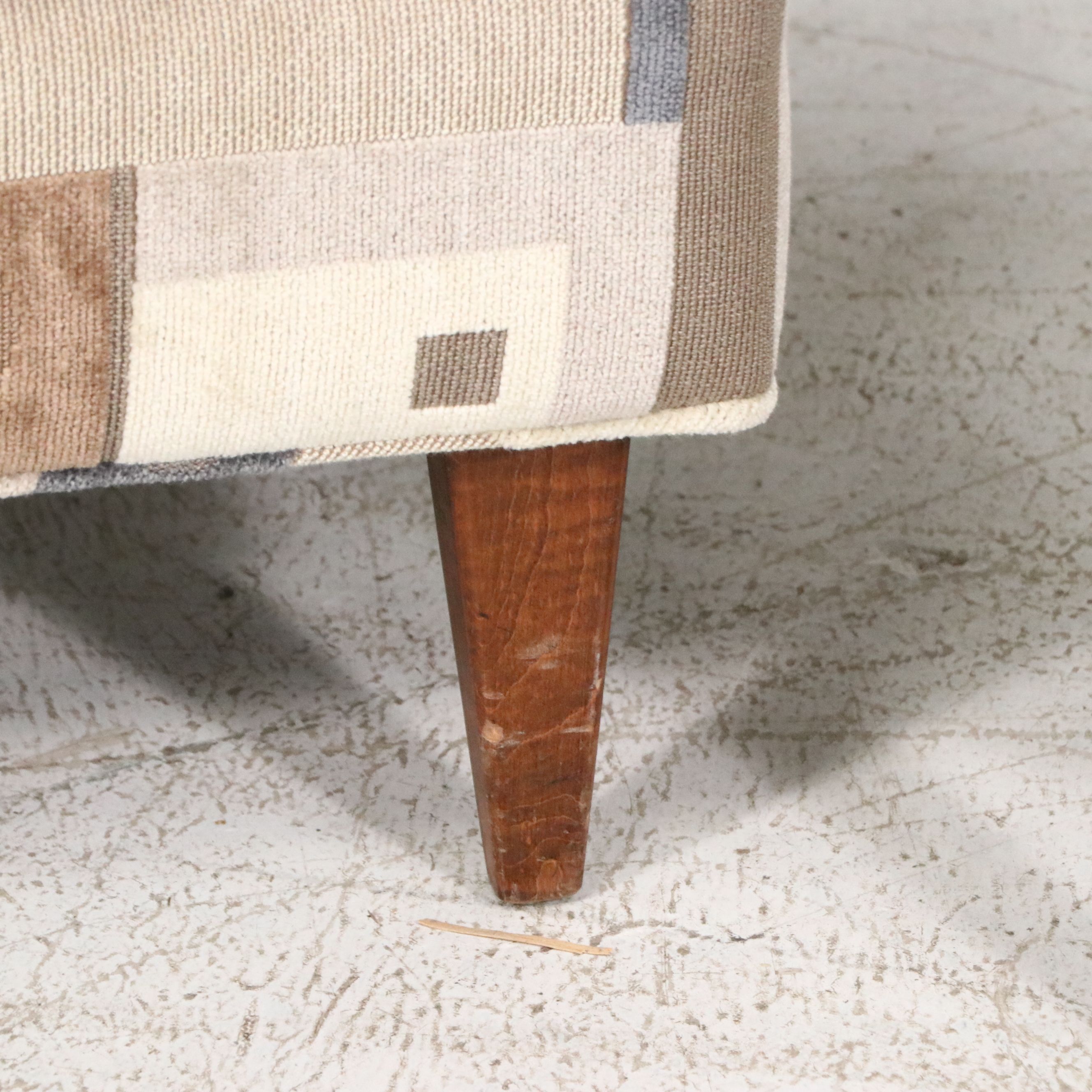 Pair of Upholstered Mid Century Modern Style Armchairs and Ottoman