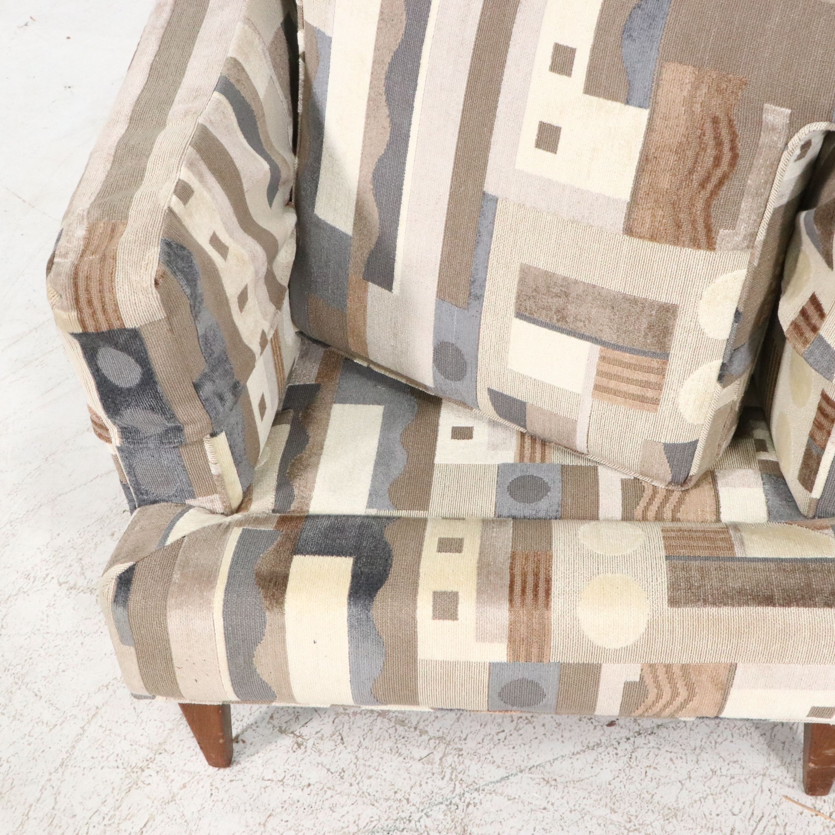 Pair of Upholstered Mid Century Modern Style Armchairs and Ottoman