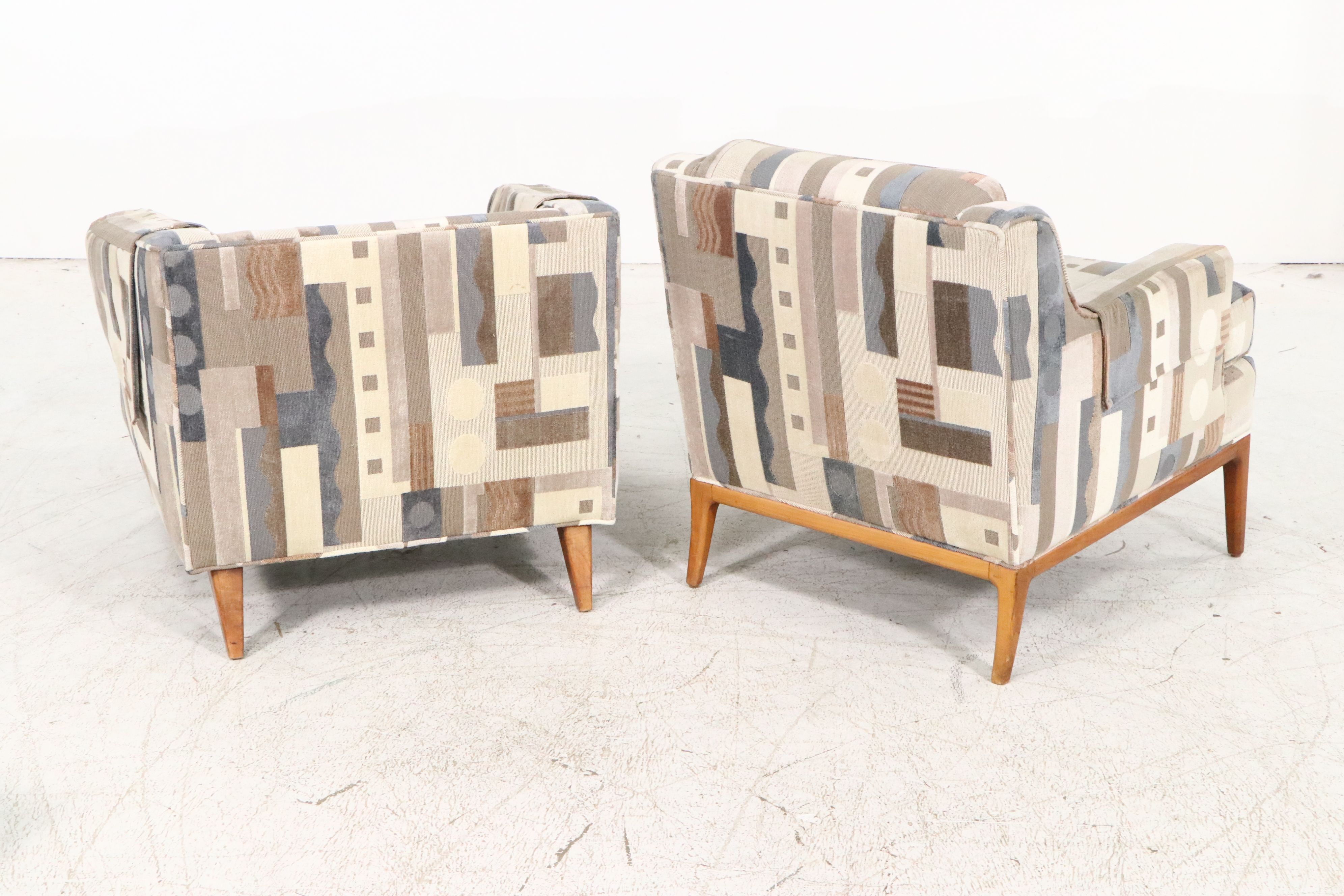 Pair of Upholstered Mid Century Modern Style Armchairs and Ottoman
