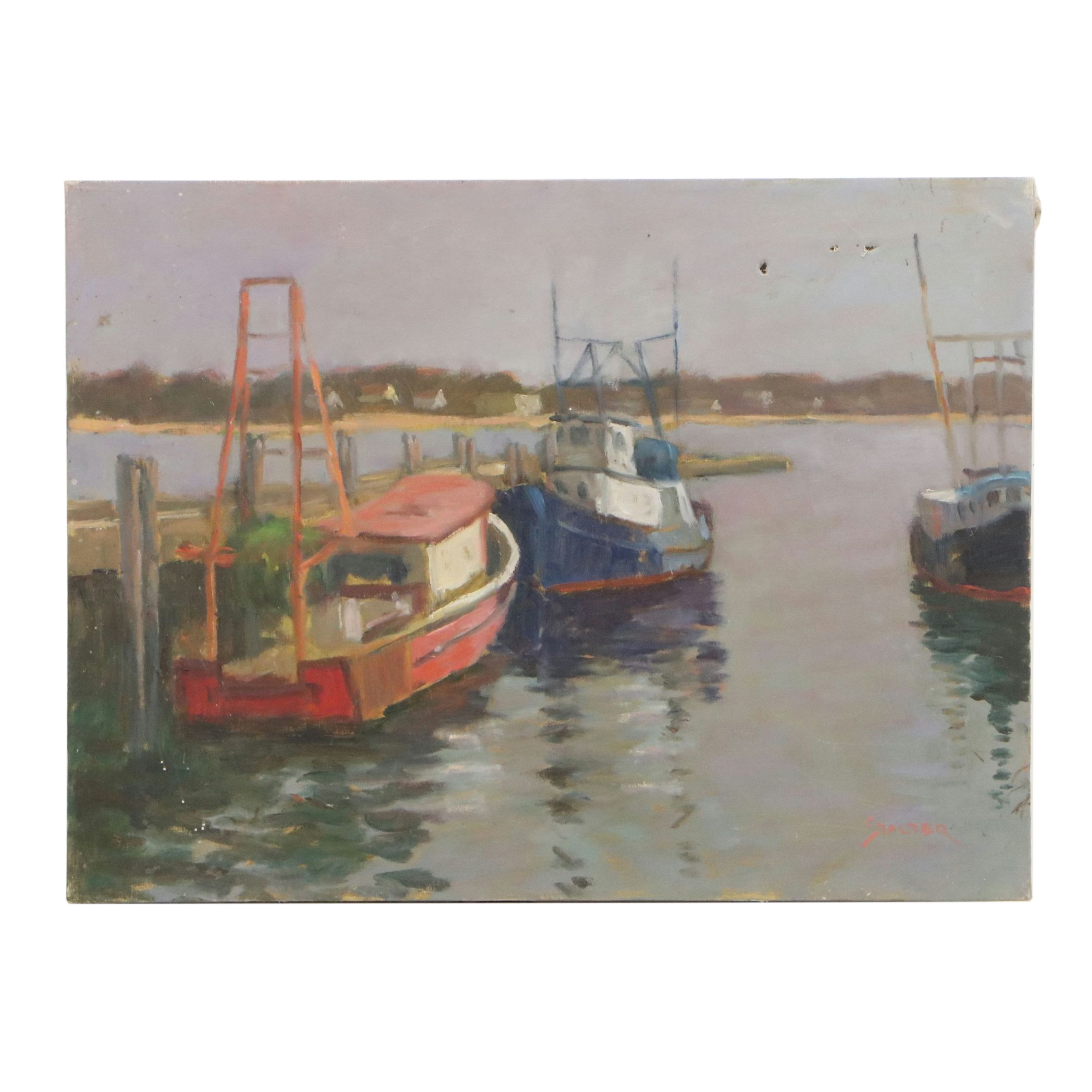 Richard Stalter Oil Painting of Docked Tugboats, 20th to 21st Century