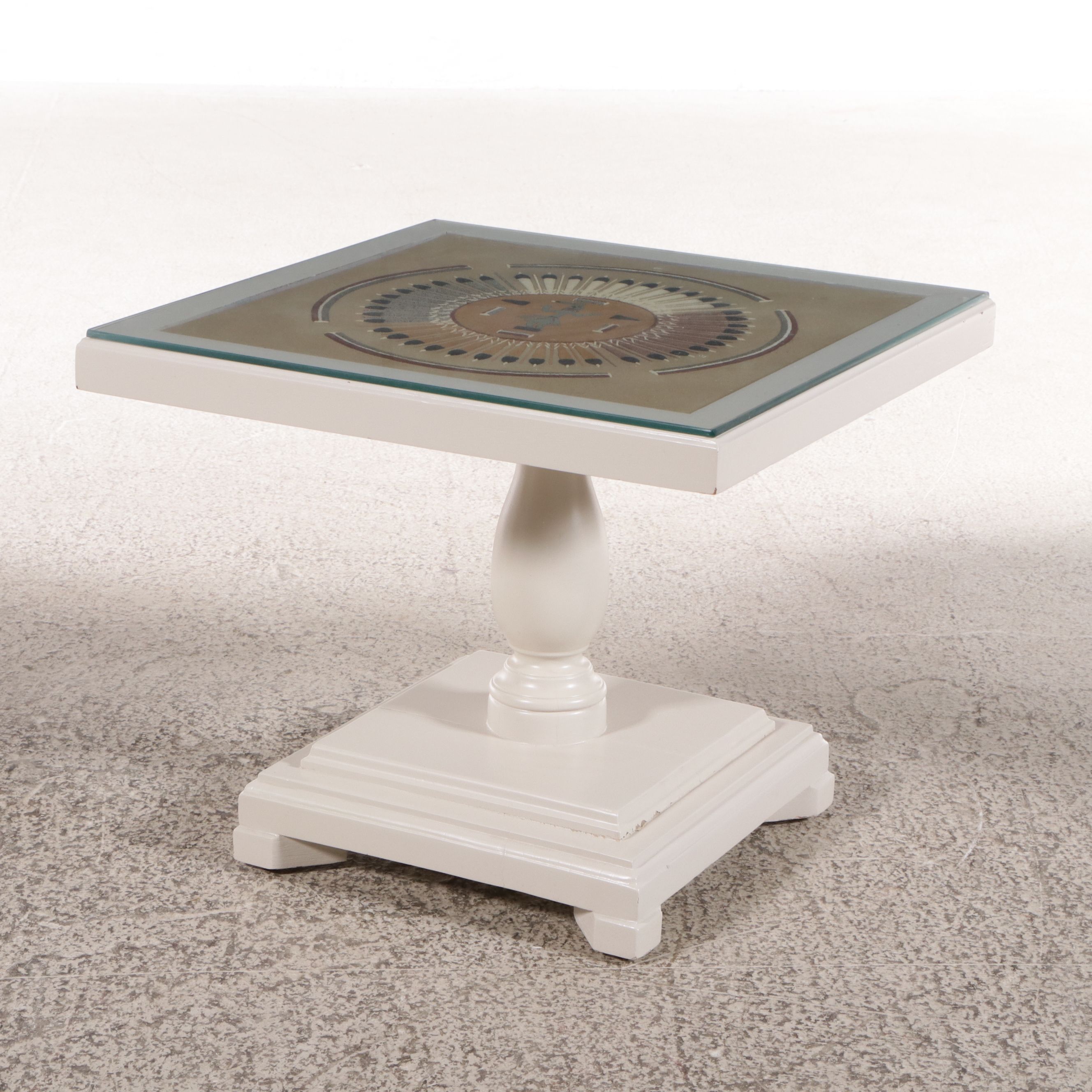 Wooden Pedestal with Framed Southwestern Style Sun and Egg Sand Art Top