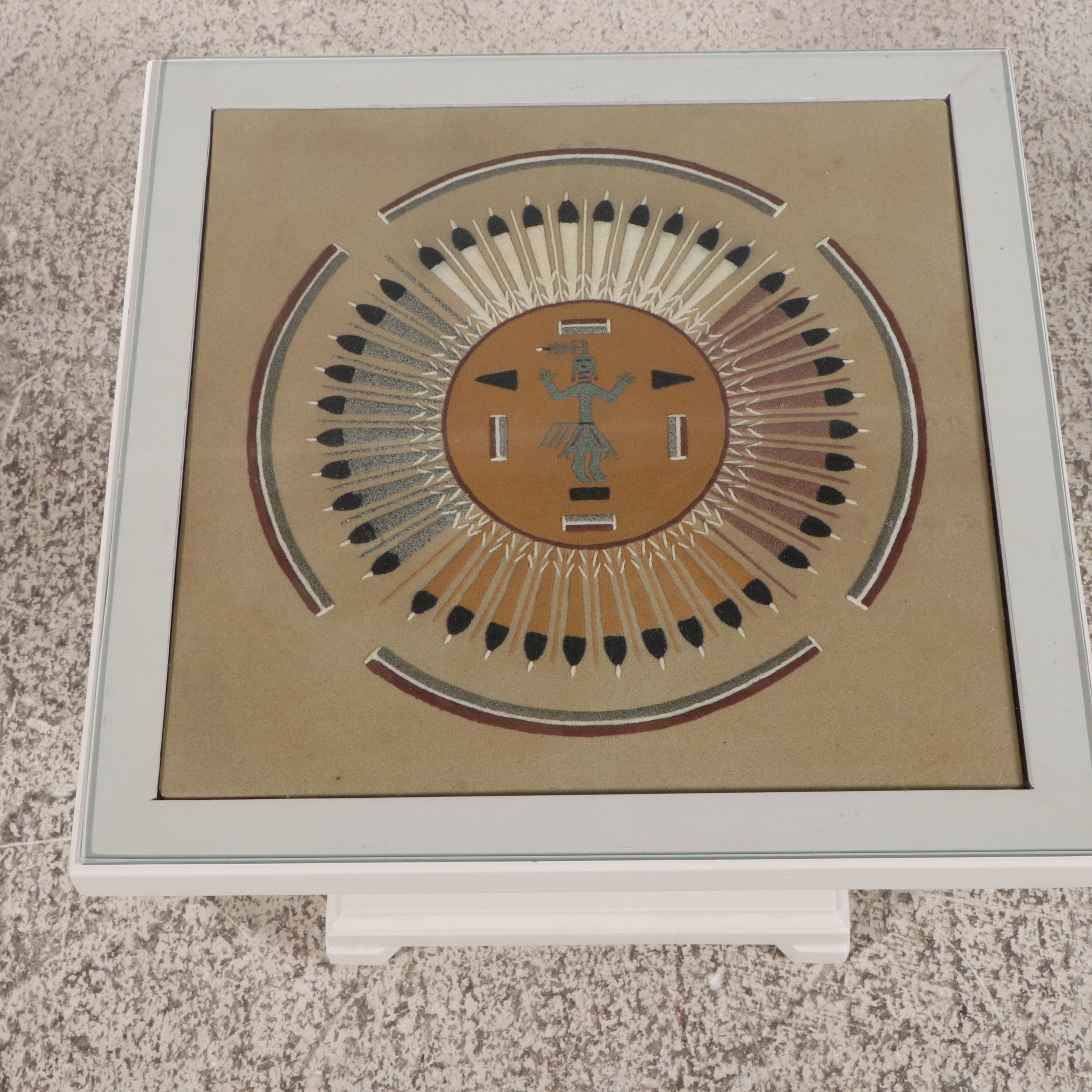 Wooden Pedestal with Framed Southwestern Style Sun and Egg Sand Art Top