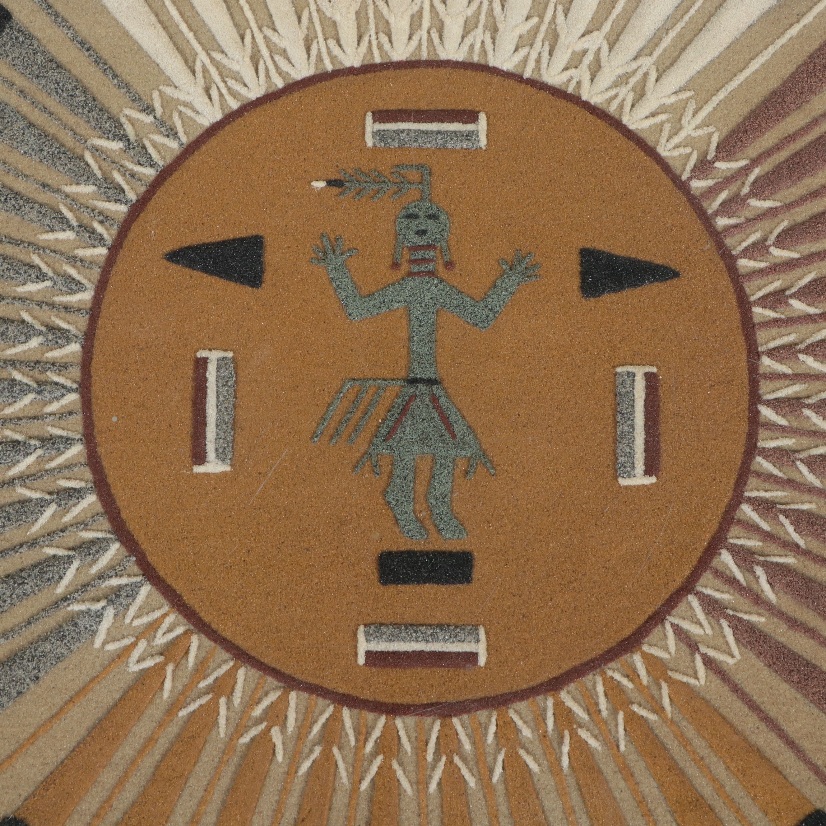 Wooden Pedestal with Framed Southwestern Style Sun and Egg Sand Art Top