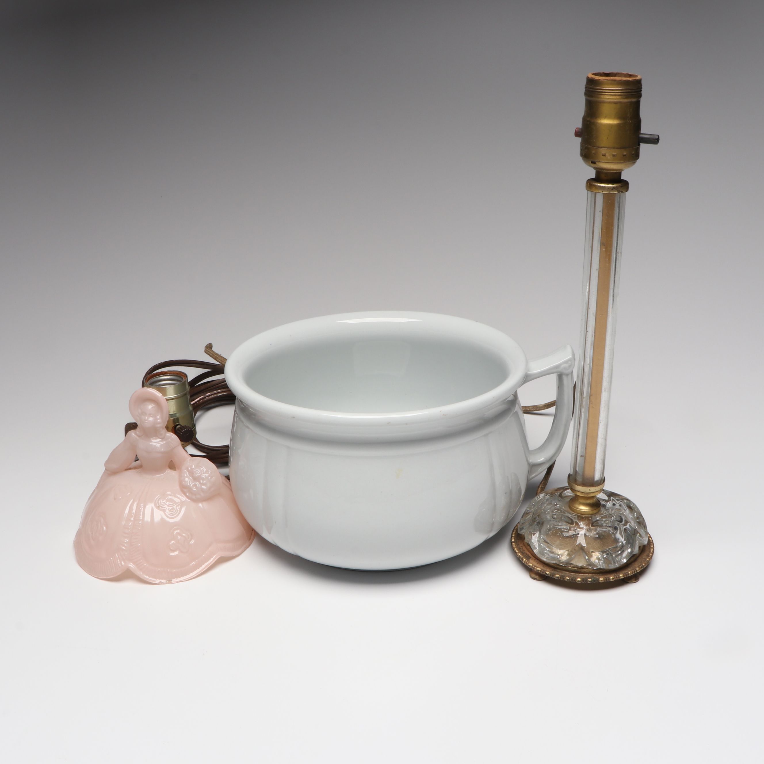 Alfred Meakin Ironstone Chamber Pot with Figural and Other Glass Table Lamps