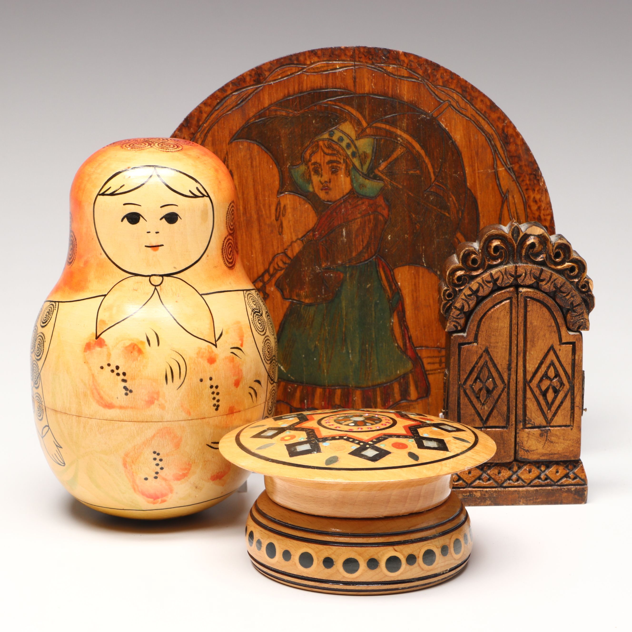 Flemish Folk Art Wood Plaque with Matryoshka Bell and Other Vintage Wood Décor