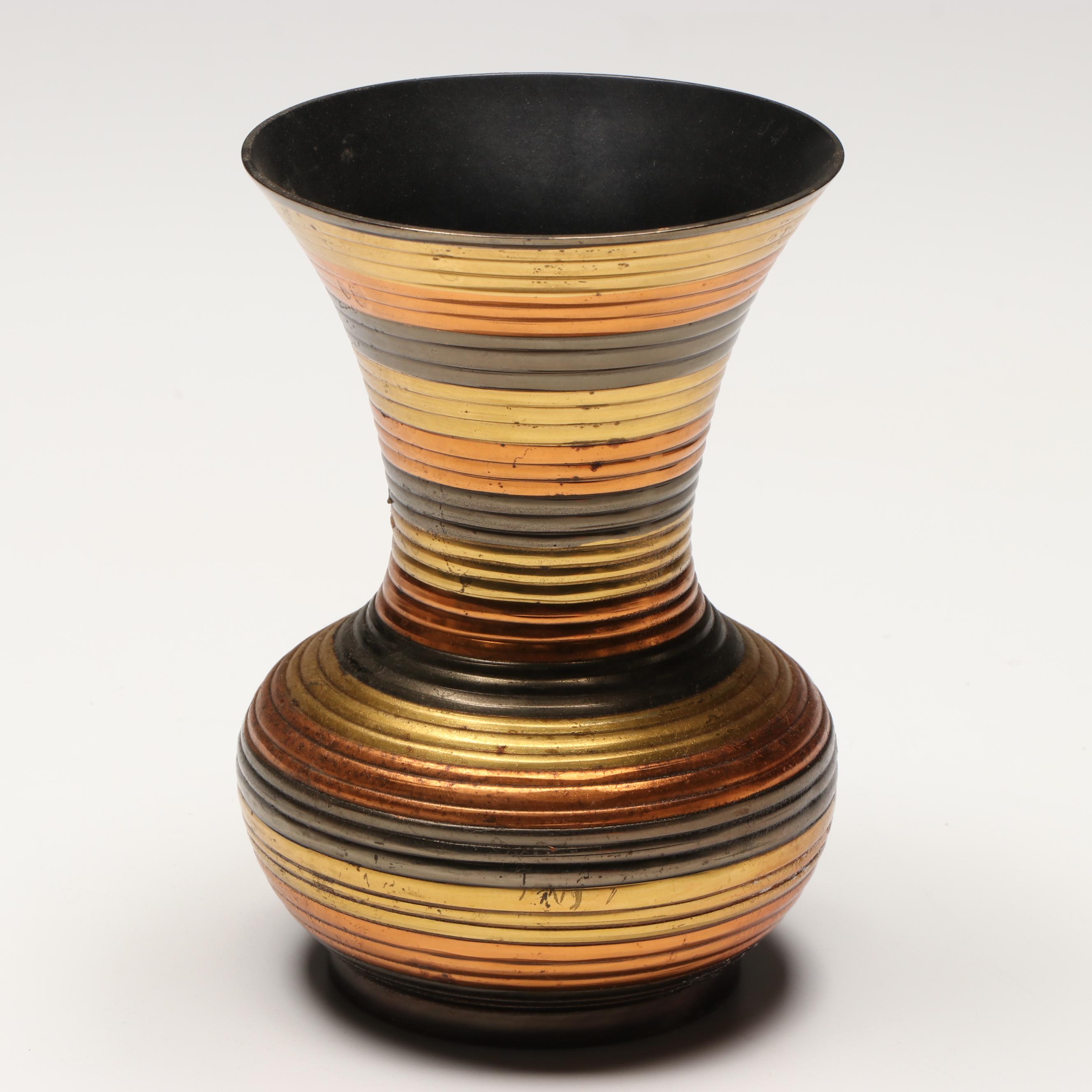 Indian Brass Jug with Metal Ribbed Vase and Pitcher, Mid to Late 20th Century