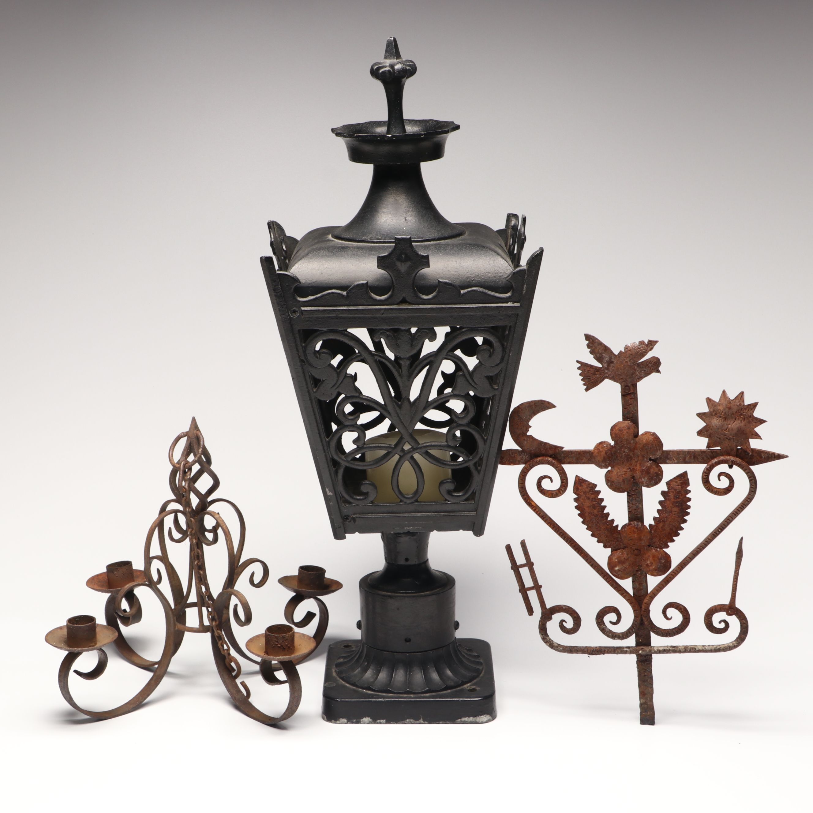 Folk Art Iron Roof Cross with Metal Hanging Candelabra and Candle Lantern