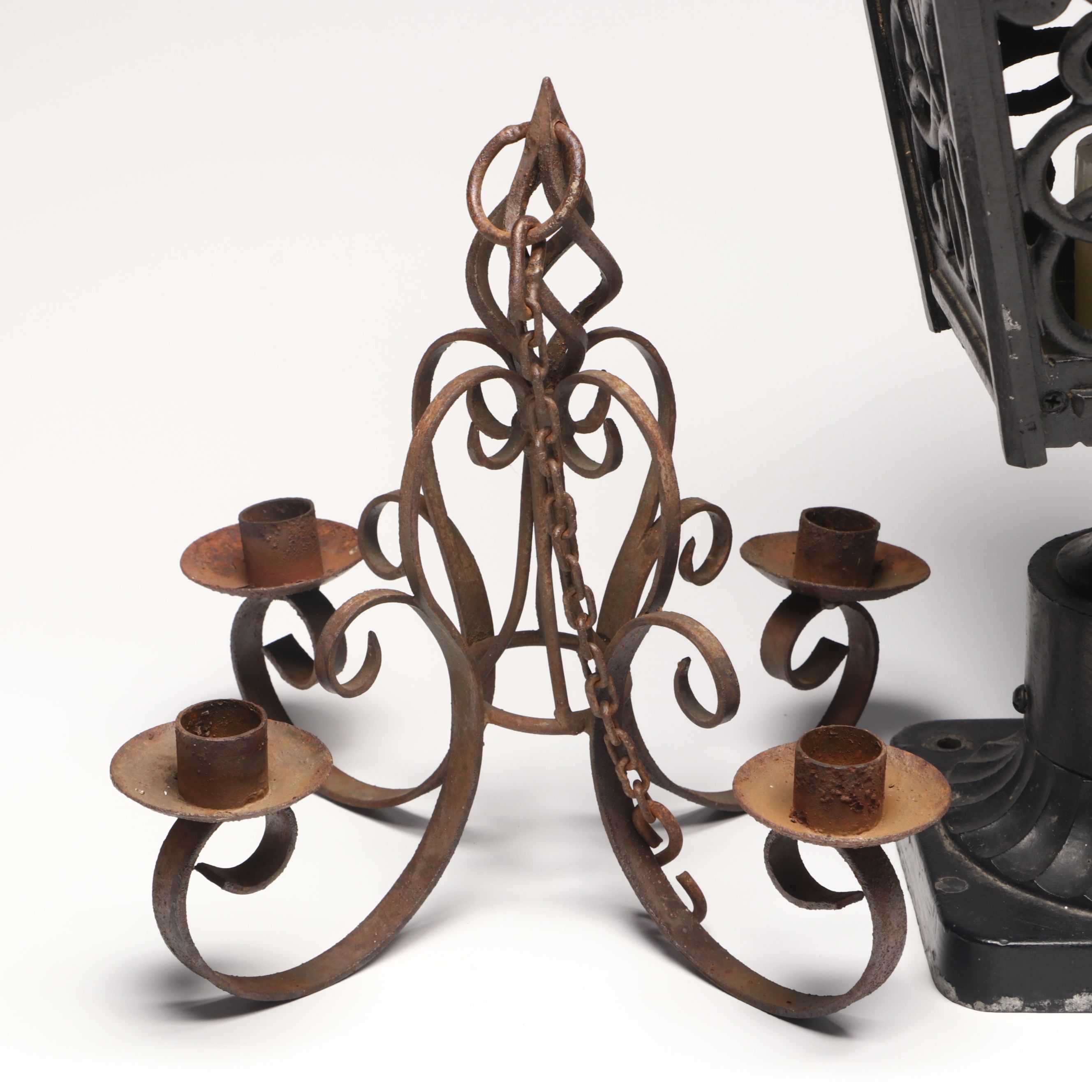 Folk Art Iron Roof Cross with Metal Hanging Candelabra and Candle Lantern