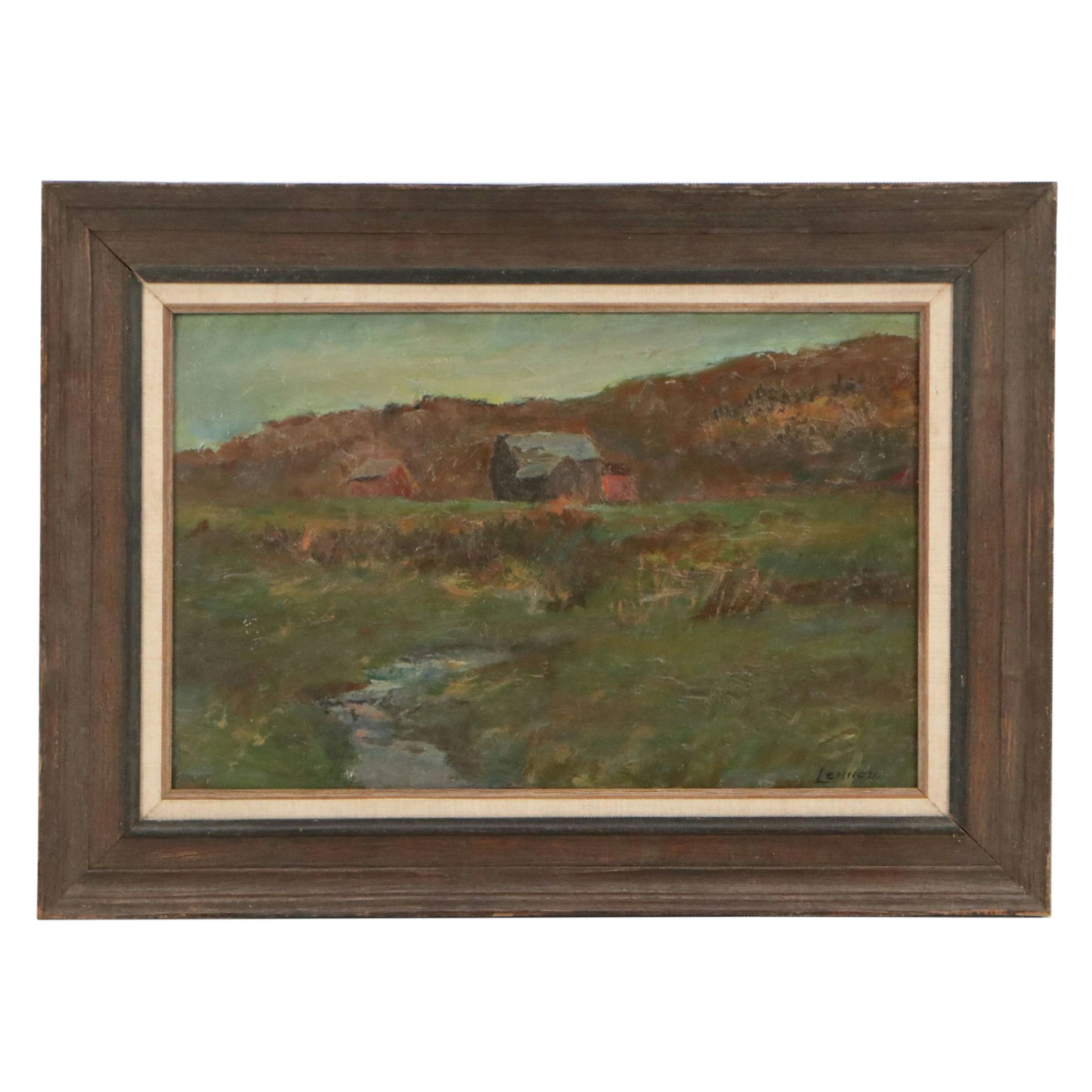 Bernard Lennon Landscape Oil Painting of Farm with Creek, 20th Century