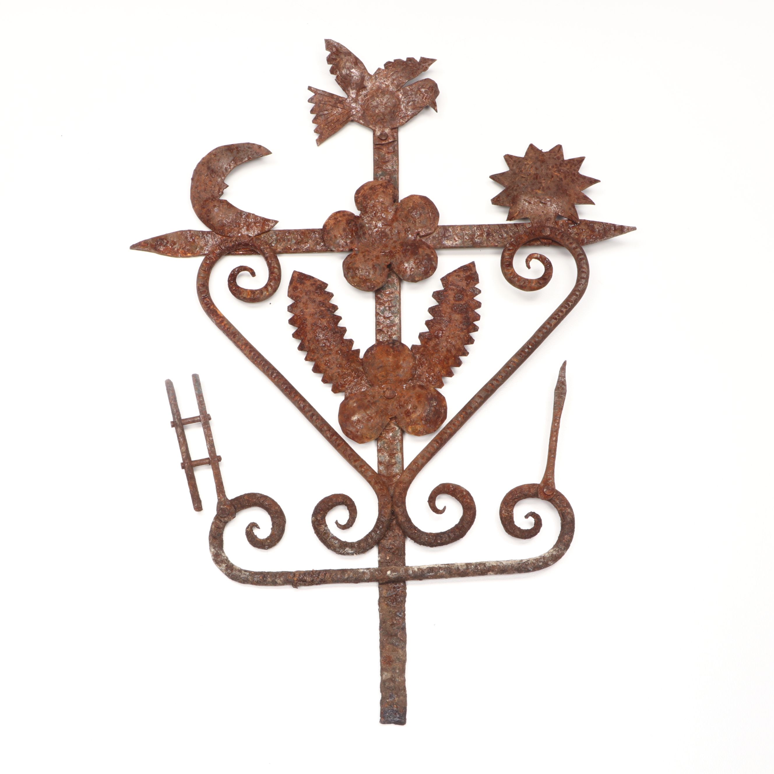 Folk Art Iron Roof Cross with Metal Hanging Candelabra and Candle Lantern