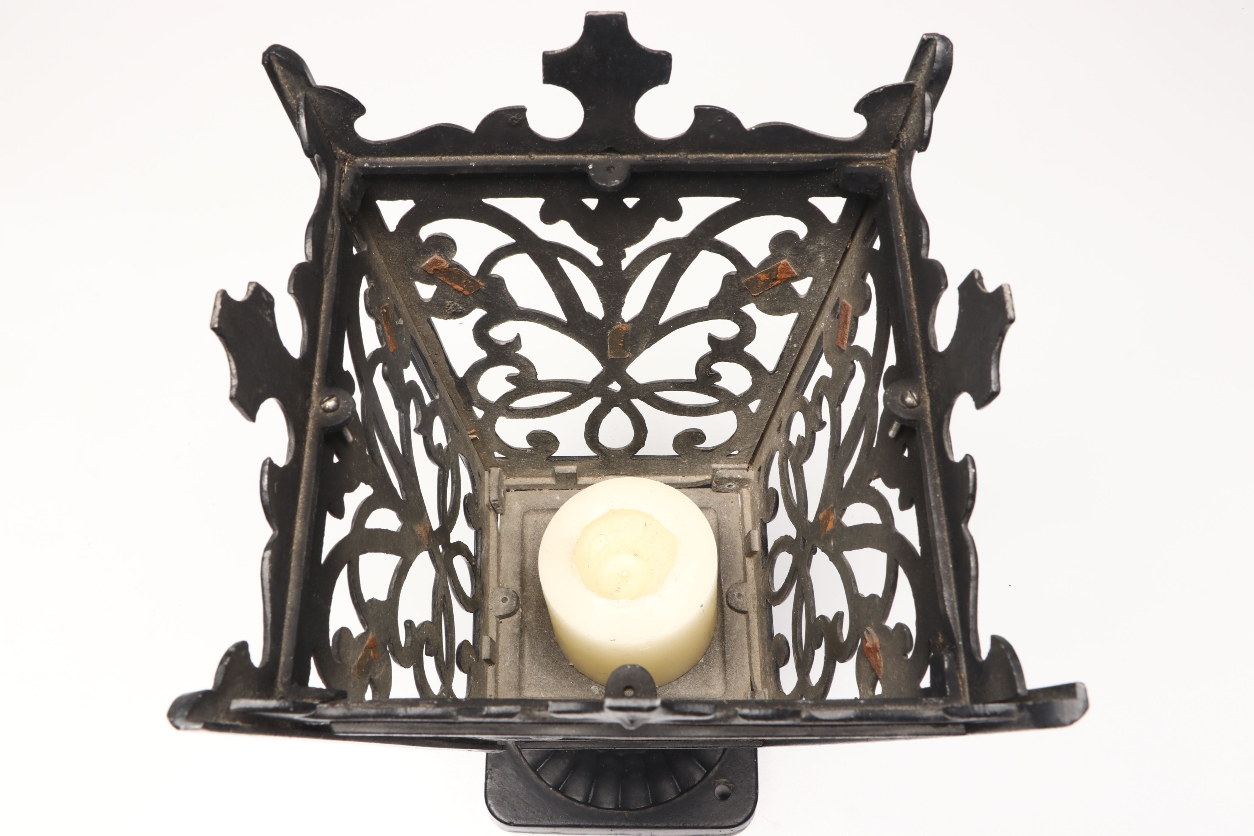 Folk Art Iron Roof Cross with Metal Hanging Candelabra and Candle Lantern