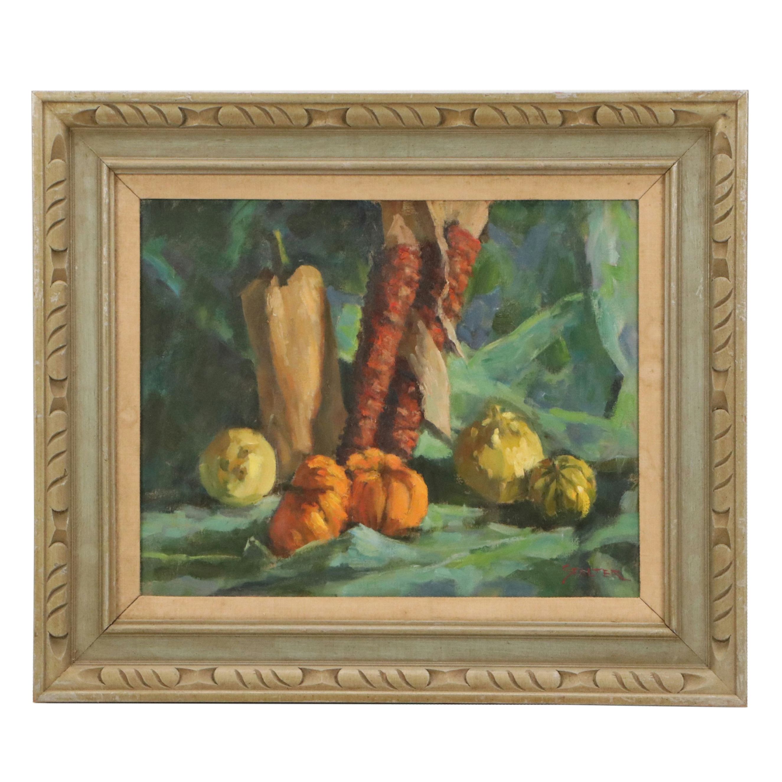 Richard Stalter Still Life Oil Painting of Gourds and Maize