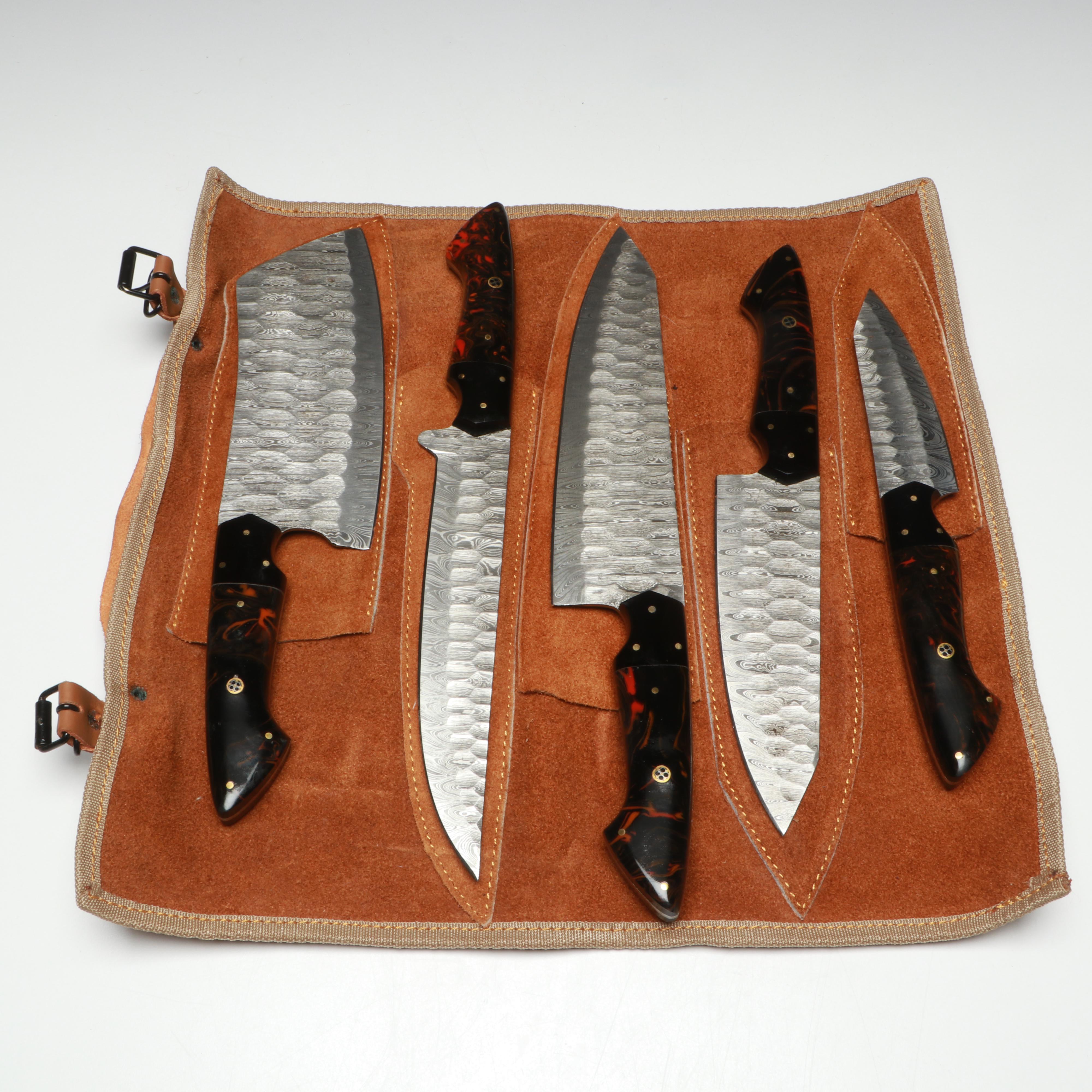 Damascus Steel and Marbled Handle Chef's Knife Set in Suede Leather Roll