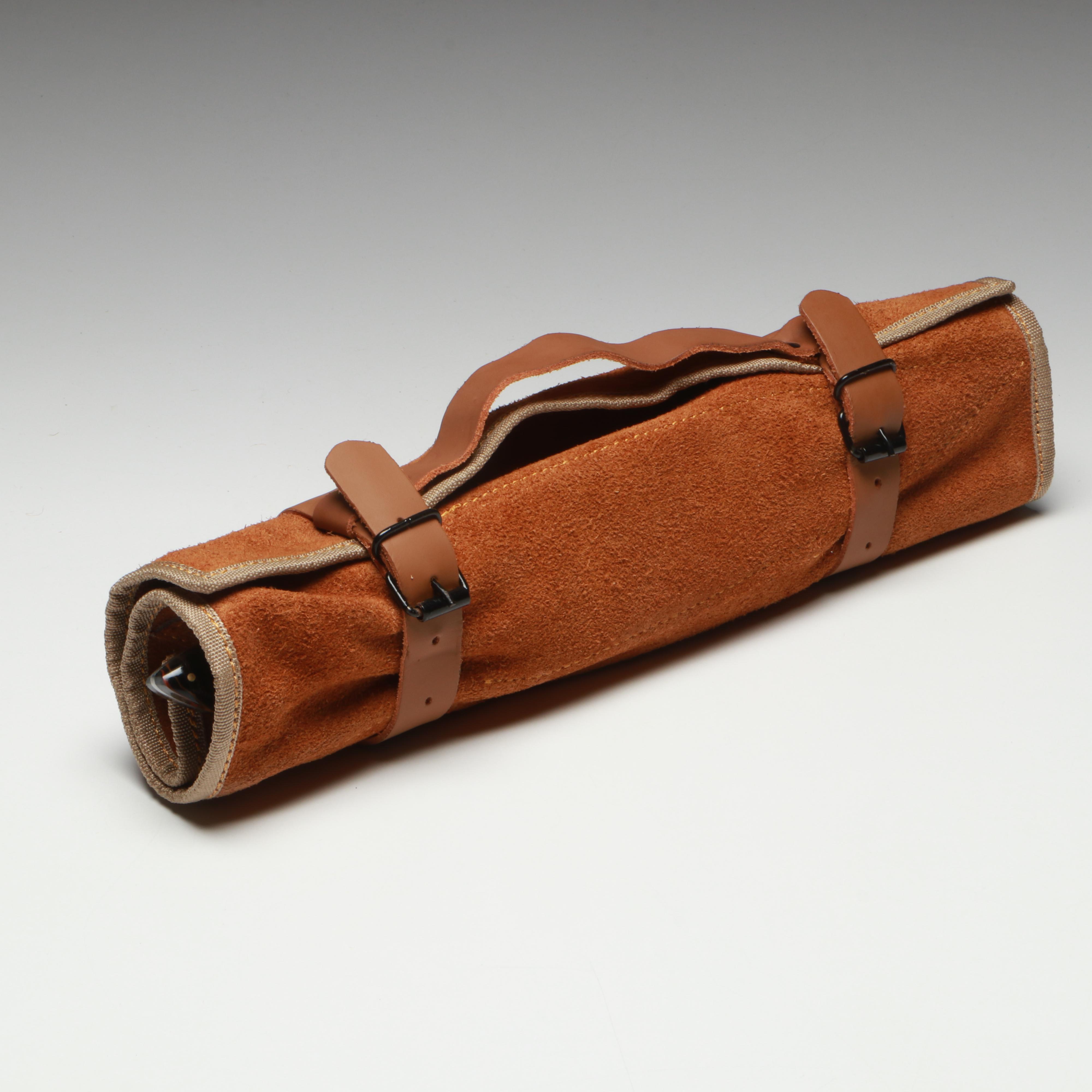 Damascus Steel and Marbled Handle Chef's Knife Set in Suede Leather Roll