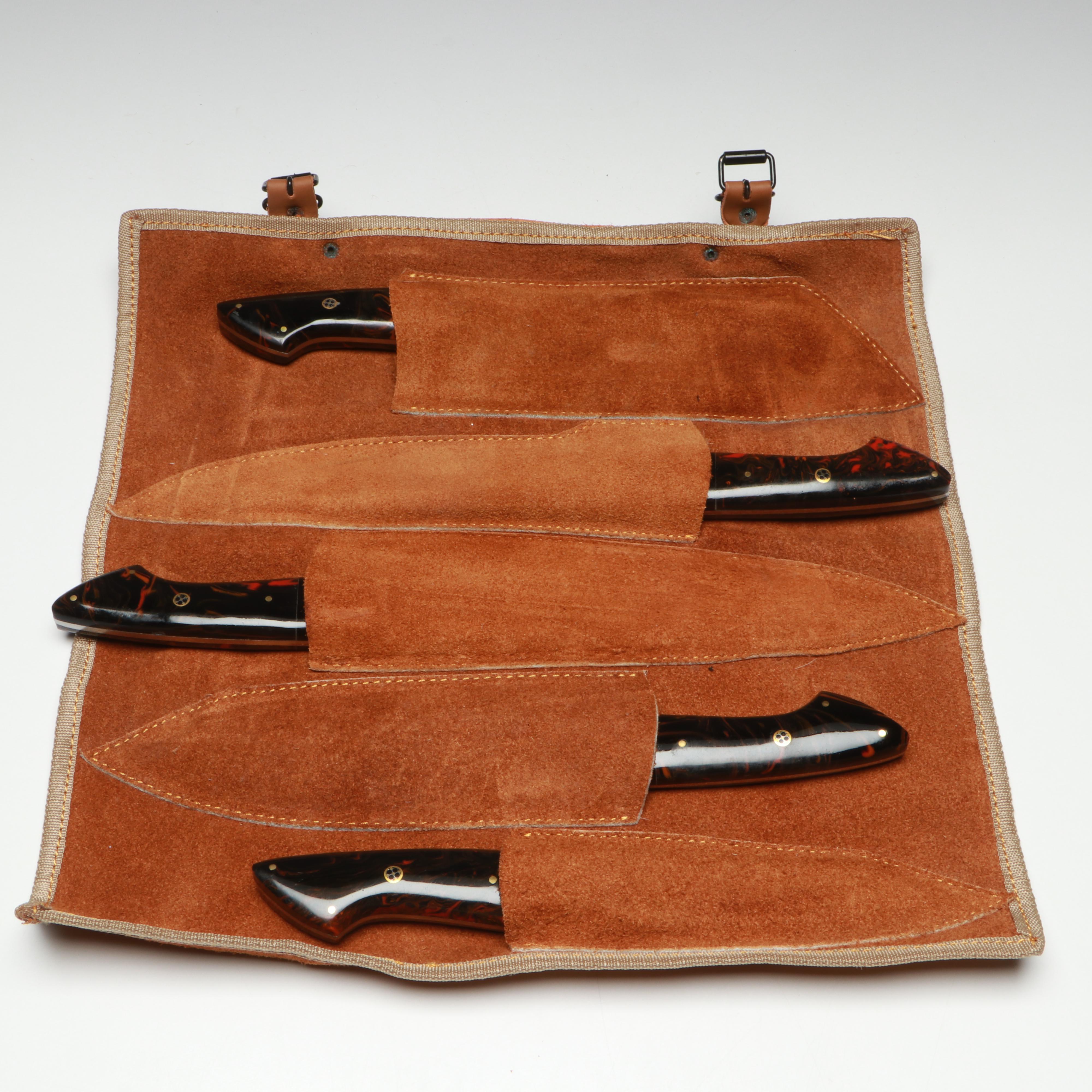 Damascus Steel and Marbled Handle Chef's Knife Set in Suede Leather Roll