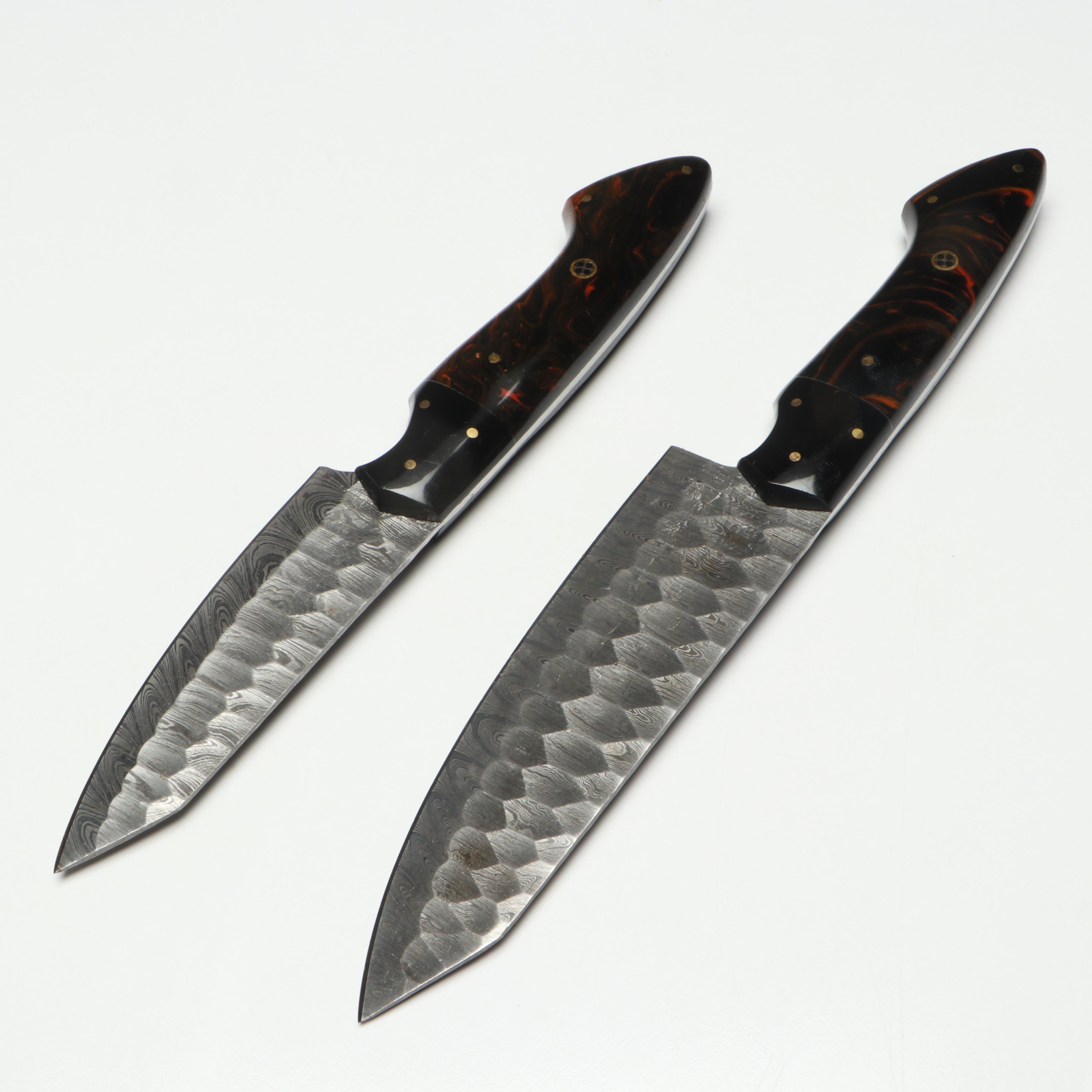 Damascus Steel and Marbled Handle Chef's Knife Set in Suede Leather Roll
