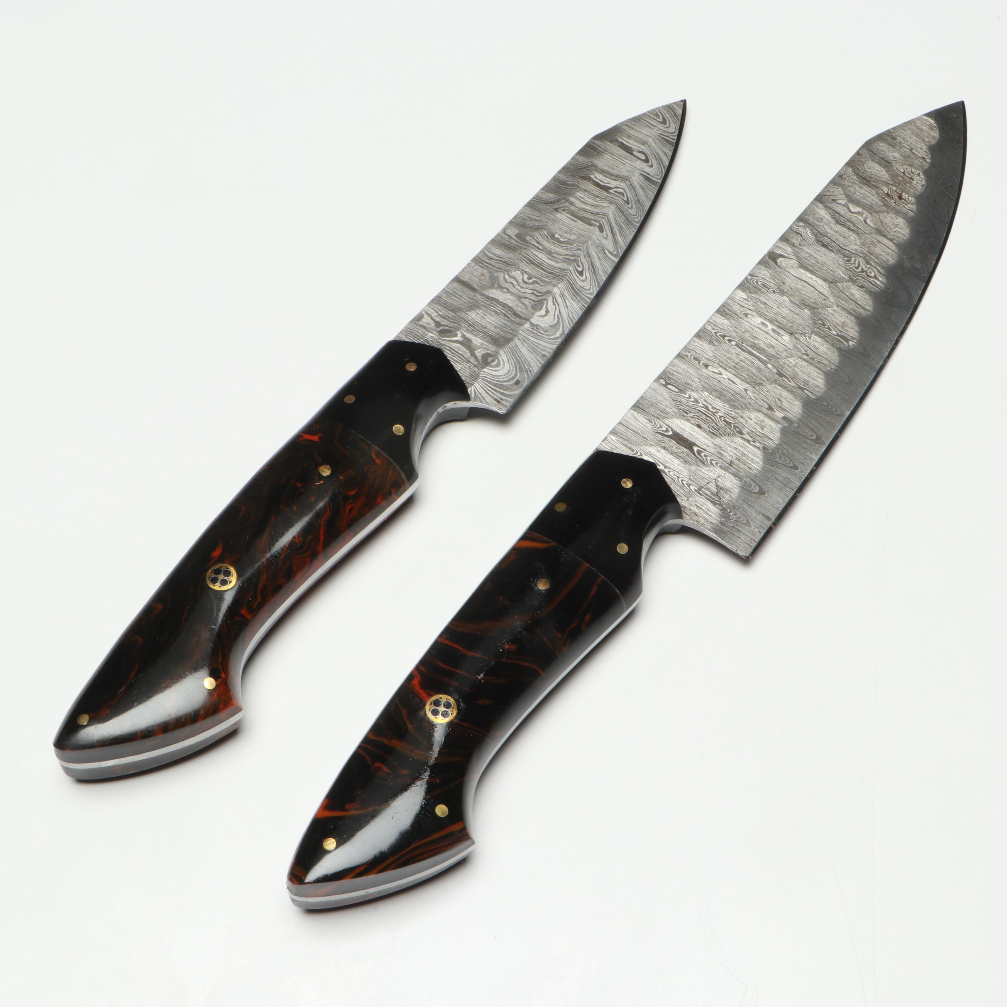 Damascus Steel and Marbled Handle Chef's Knife Set in Suede Leather Roll