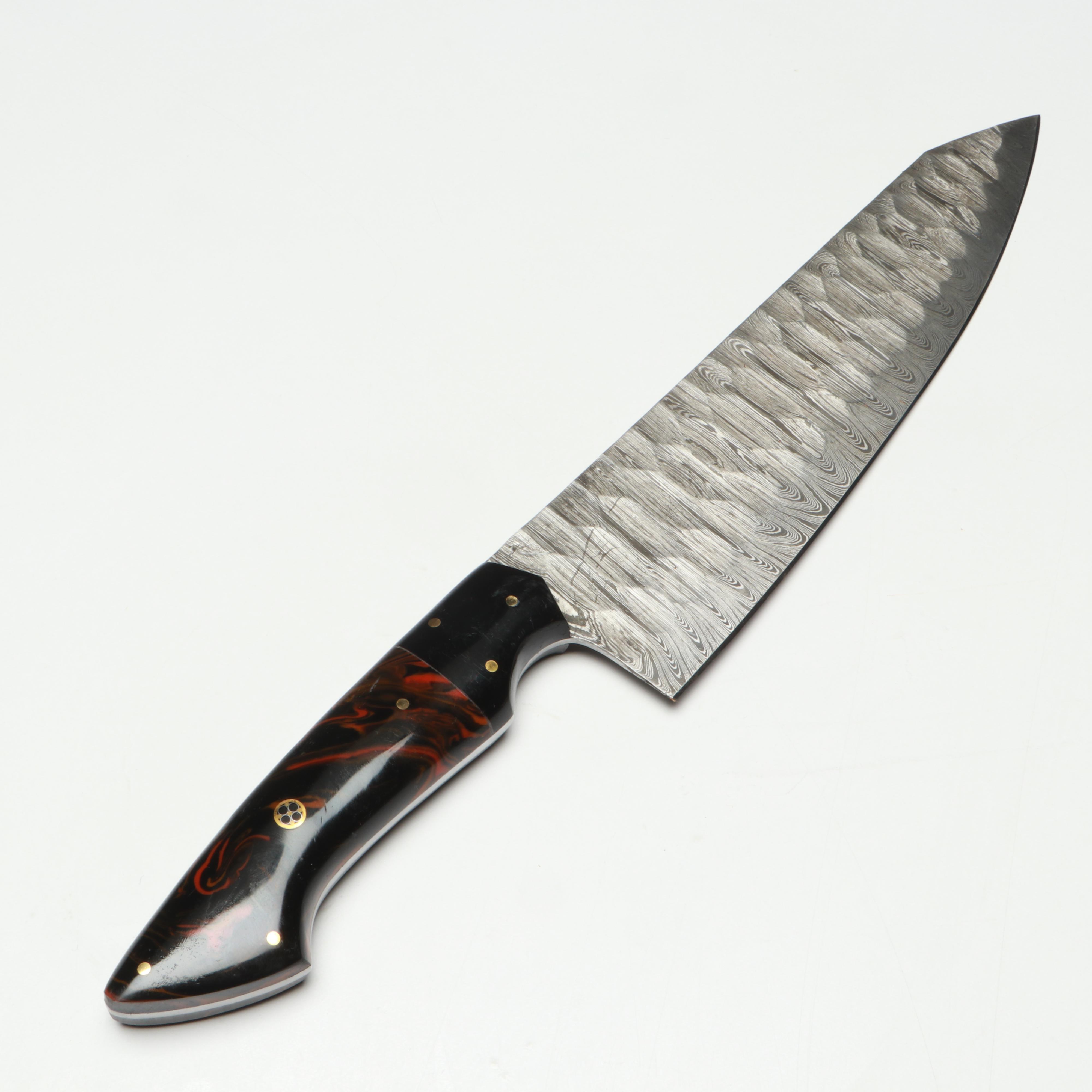 Damascus Steel and Marbled Handle Chef's Knife Set in Suede Leather Roll