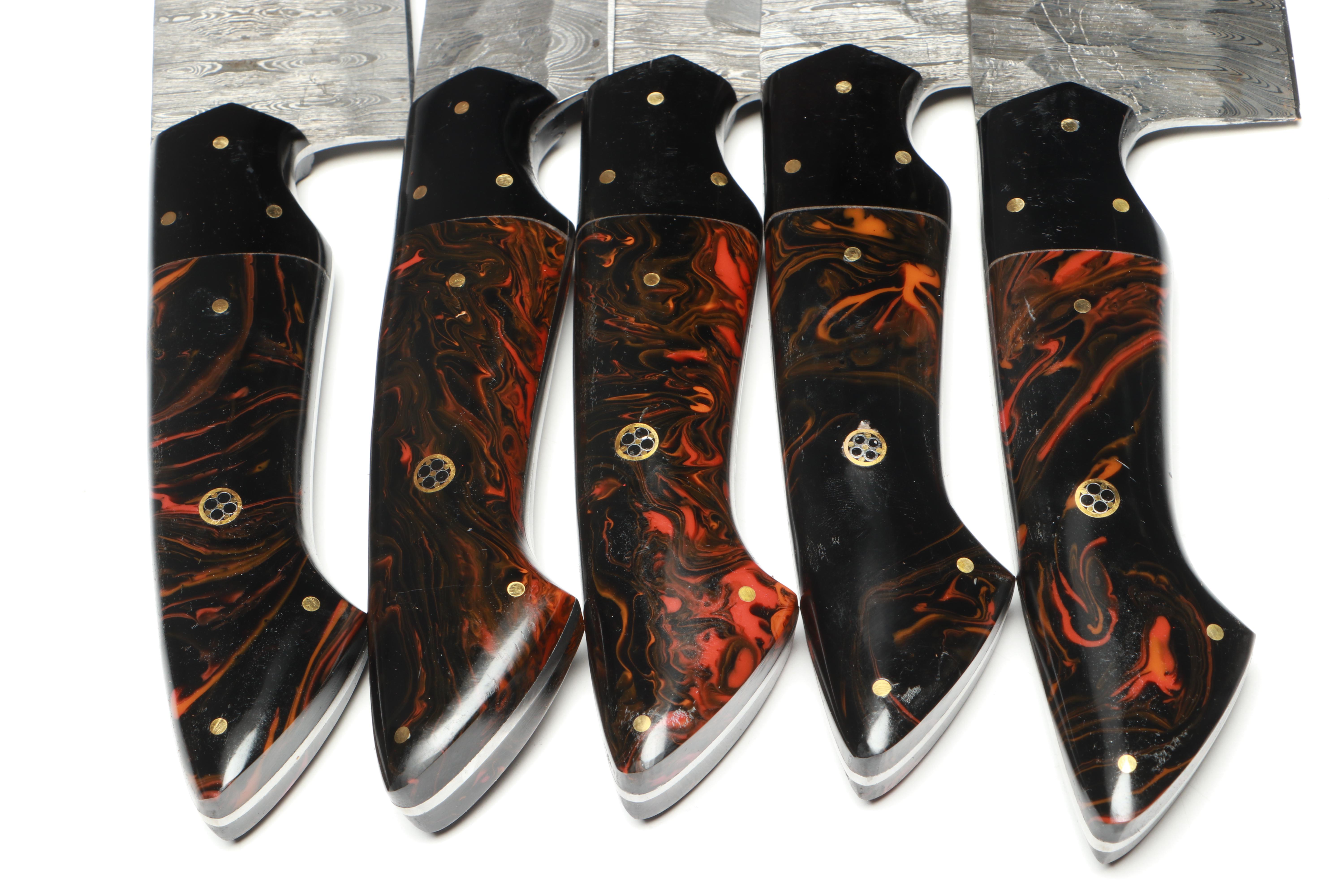 Damascus Steel and Marbled Handle Chef's Knife Set in Suede Leather Roll