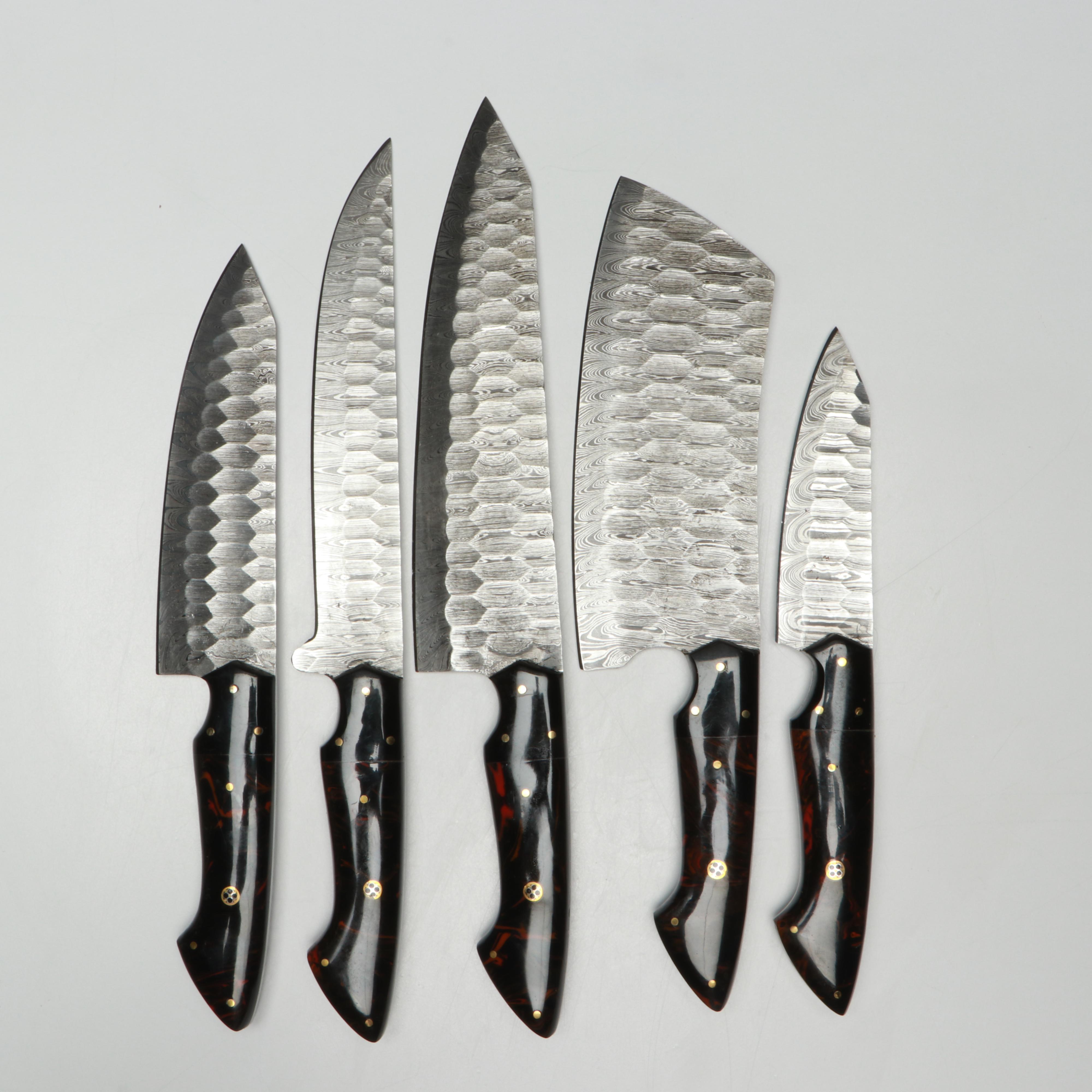 Damascus Steel and Marbled Handle Chef's Knife Set in Suede Leather Roll