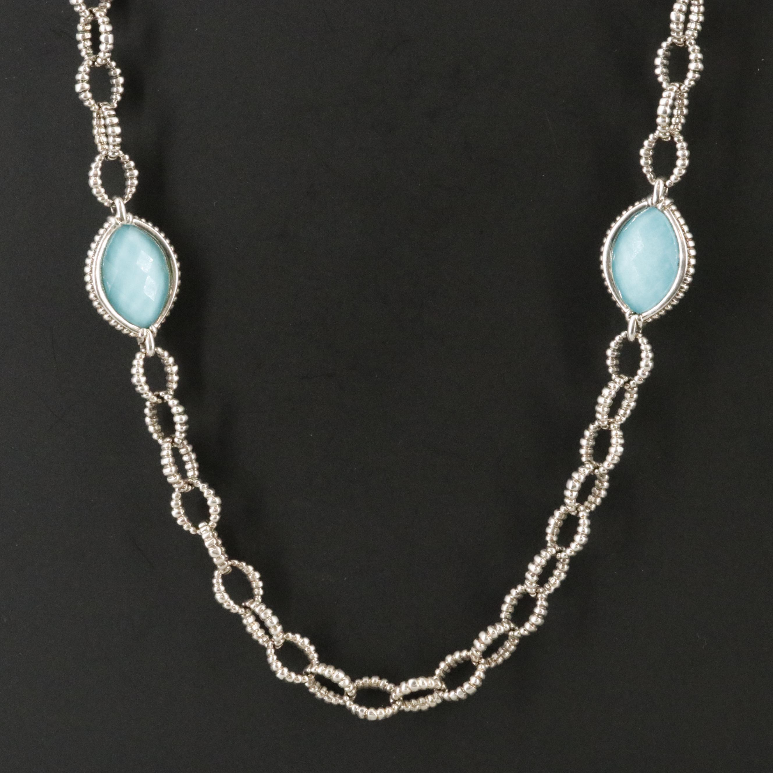 Caviar Venus Sterling Turquoise and Quartz Navette Station Necklace
