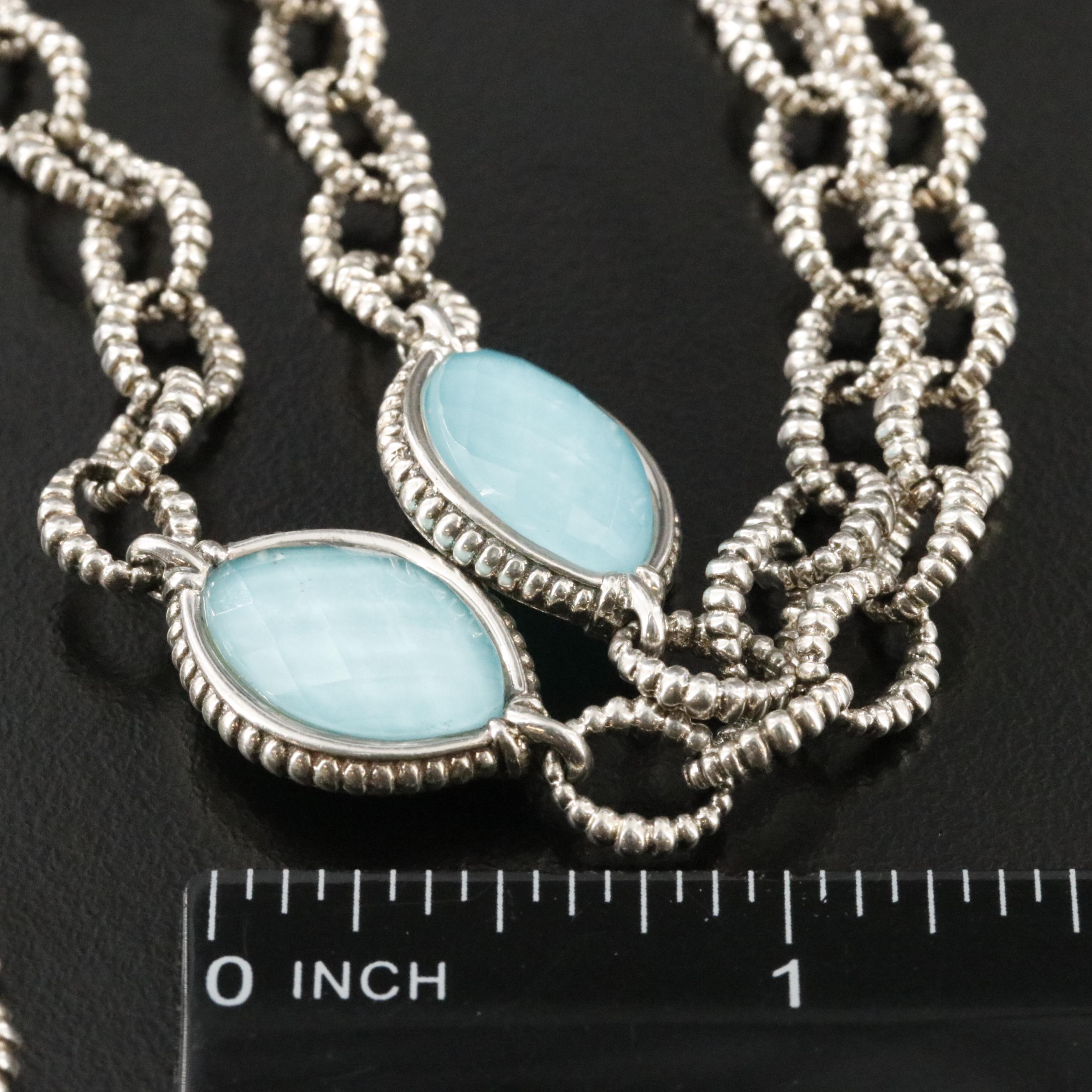 Caviar Venus Sterling Turquoise and Quartz Navette Station Necklace
